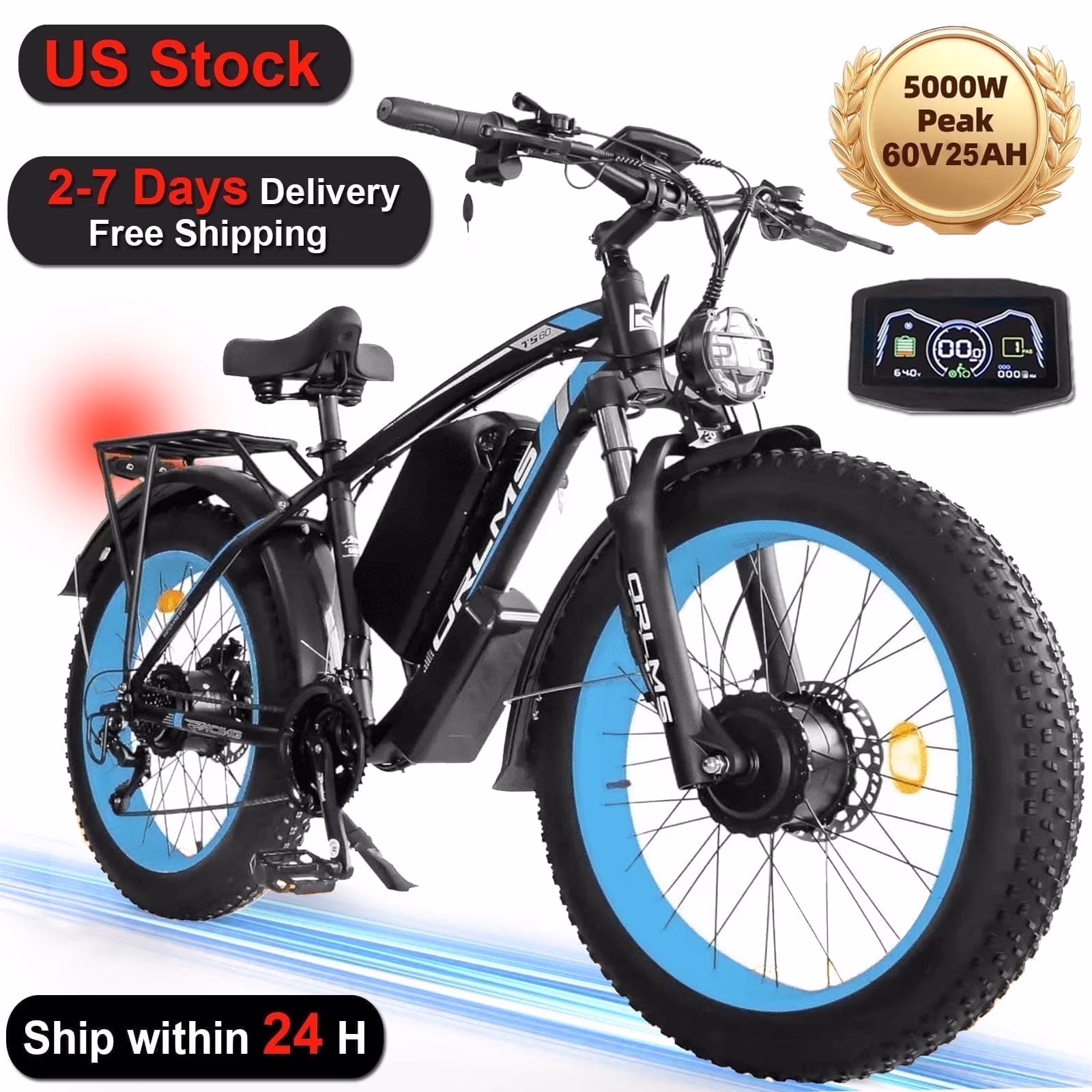 (US in Stock) 5000W Peak Dual Motor Electric Bike for Adults, 60V 25AH Removable Battery Ebike, 50MPH AWD 21 - Speed Mountain Snow E - Bike with 26" x 4.0 Fat Tire, Long Range Mountain Off - Road Ebikes(Black-Blue)