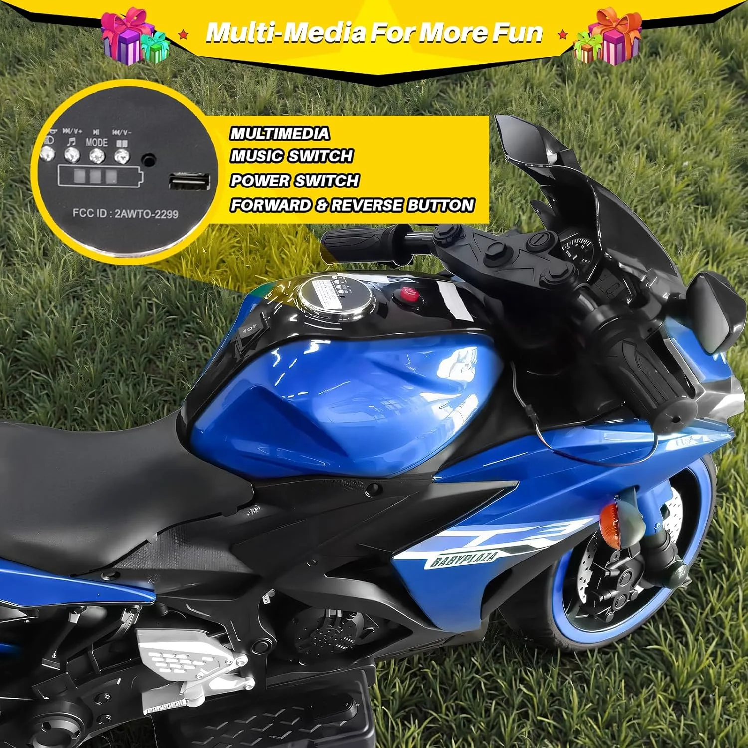 2 Seats Electric Dirt Bike Motorcycle for Kid 3-8, 12V Kids Motorcycle with Manual Throttle, Lighting Wheels, Music Function, Max Load 99LB (Blue) - Image 4