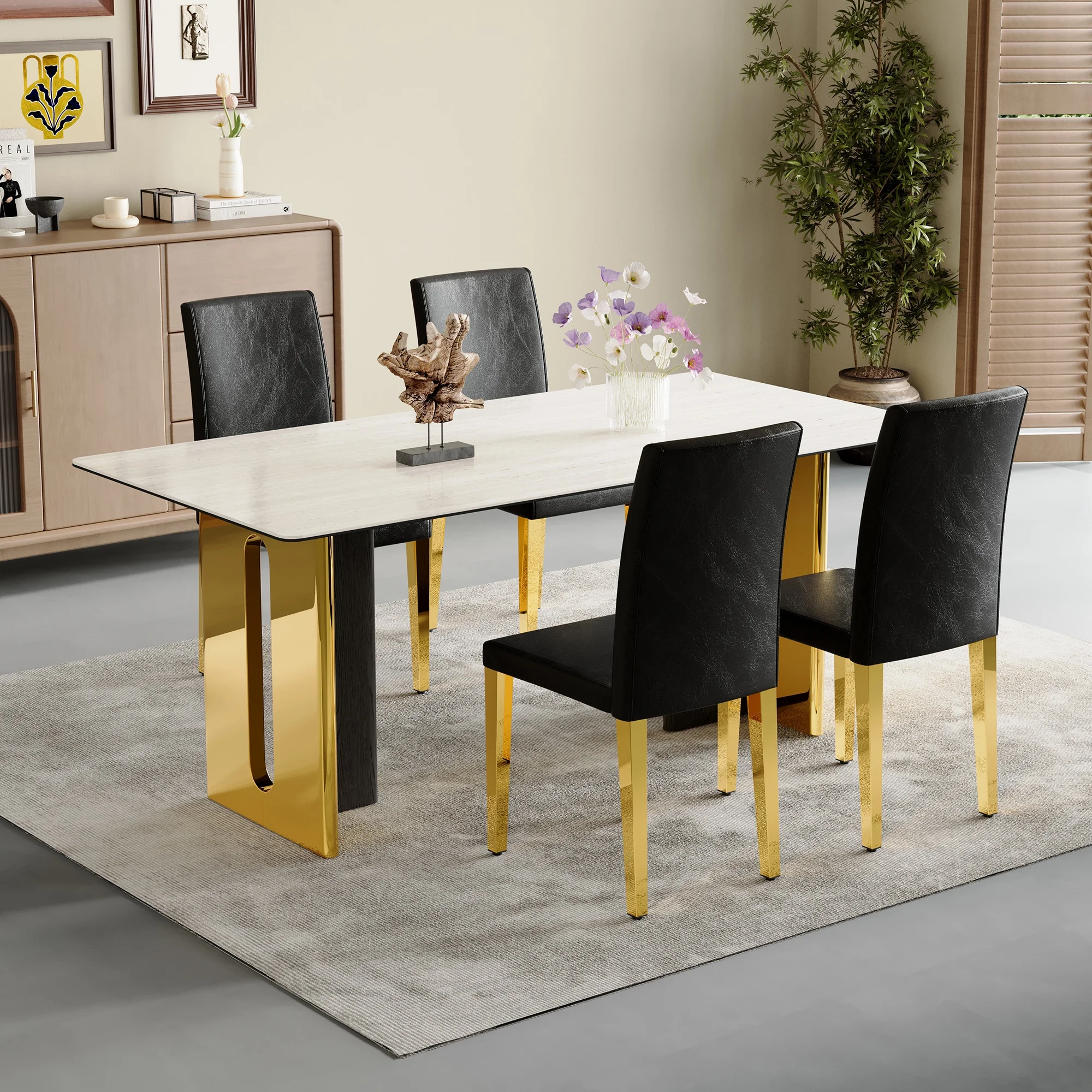 Set of 4 black PU leather backrest chairs with gold metal legs -A perfect pairing, ideal for minimalist and modern home decor styles, with product dimensions of 16.2*18.5*34.6 inches. - Image 2