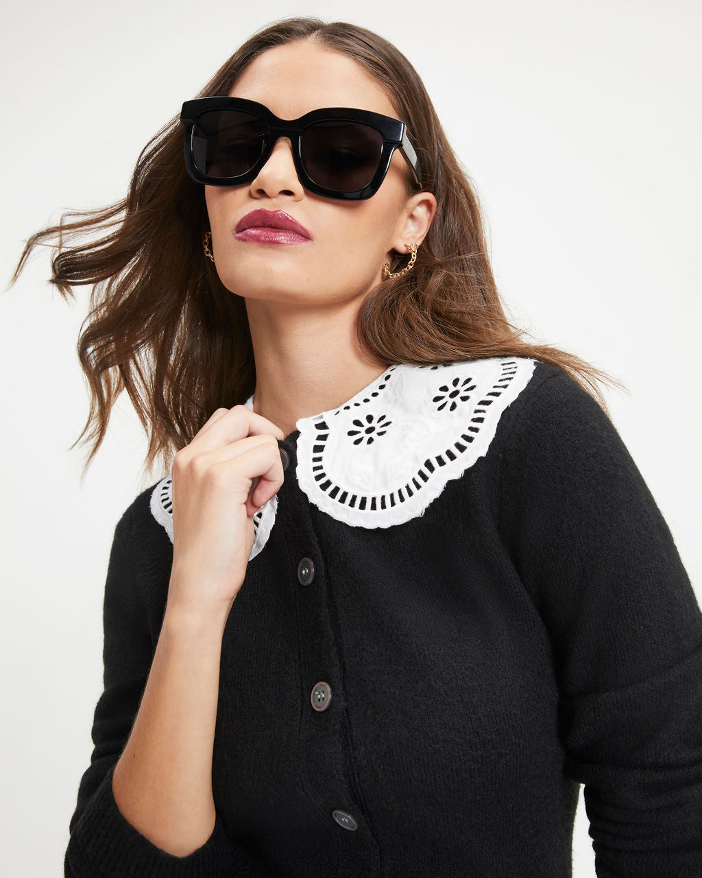 Full Of Grace Eyelet Collar Knit Cardigan - Black - Se7enfashion