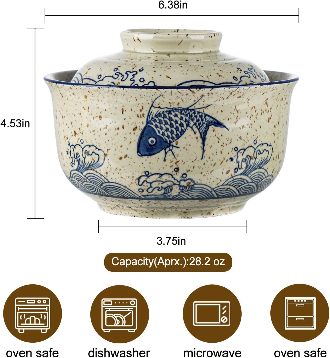 VanEnjoy Microwavable Ramen Bowl with Lid, 25 Oz Japanese Bowl Big Ceramic Japanese Soup Bowl with Lid, Korean Clay Pot - fish