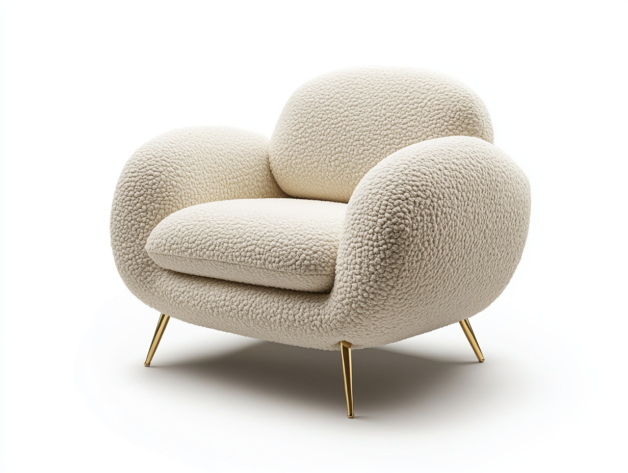 Sillón moderno de terciopelo beige con patas doradas