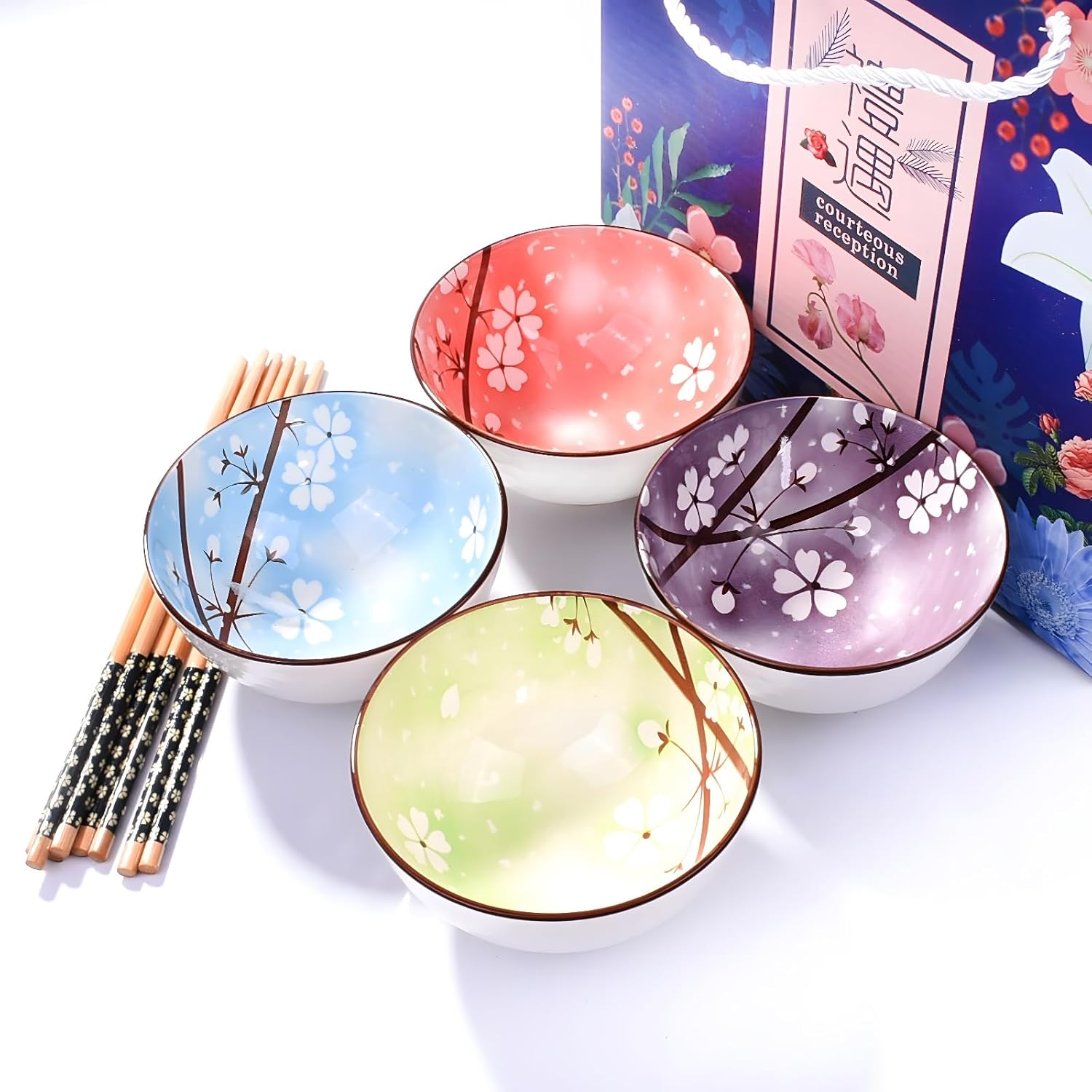 4-Piece Ceramic Rice Bowl Set with Chopsticks – 4.5