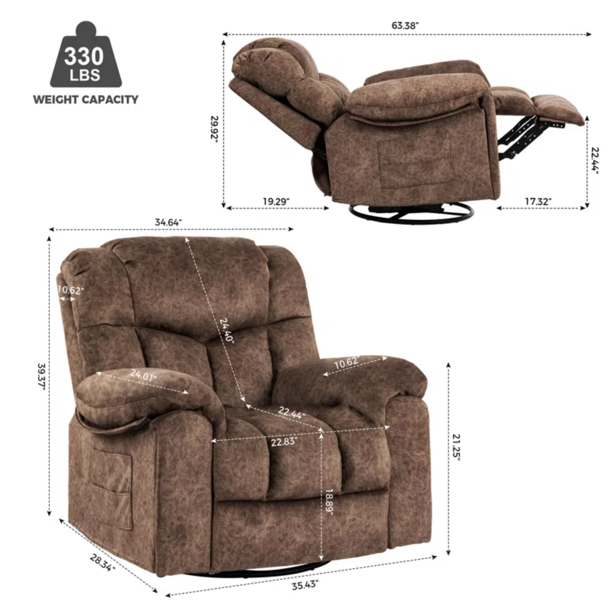 Colerline 35.43" Wide Modern Velvet Upholstered Heating & Massage Swivel Reclining Rocker Chair with Hidden Cupholders for Living Room and Bedroom, Brown - Image 7