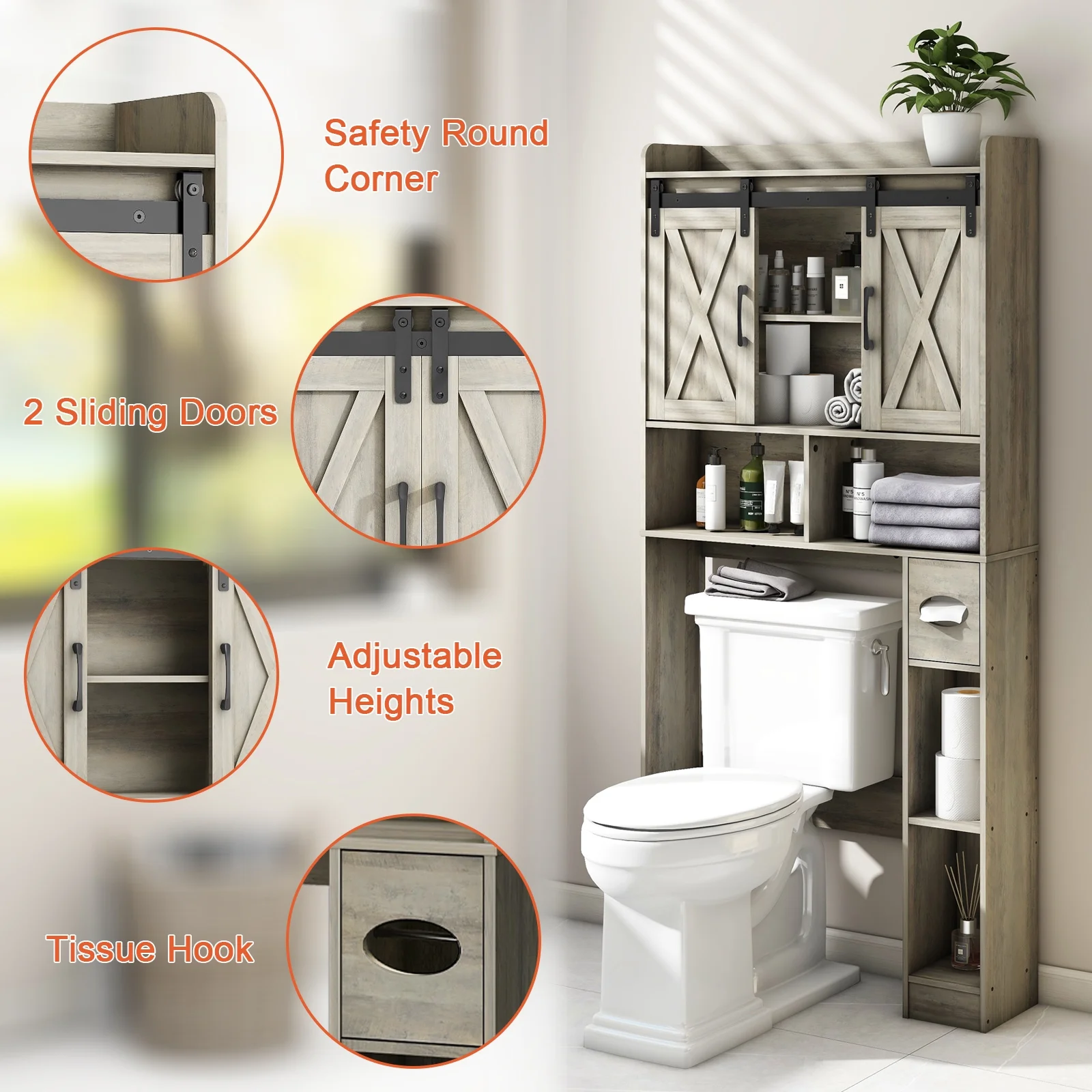 Over The Toilet Storage Cabinet, Farmhouse Storage Cabinet Over Toilet with Sliding Doors-Home Space-Saving Toilet Rack, for Bathroom, Restroom, Laundry - Image 15