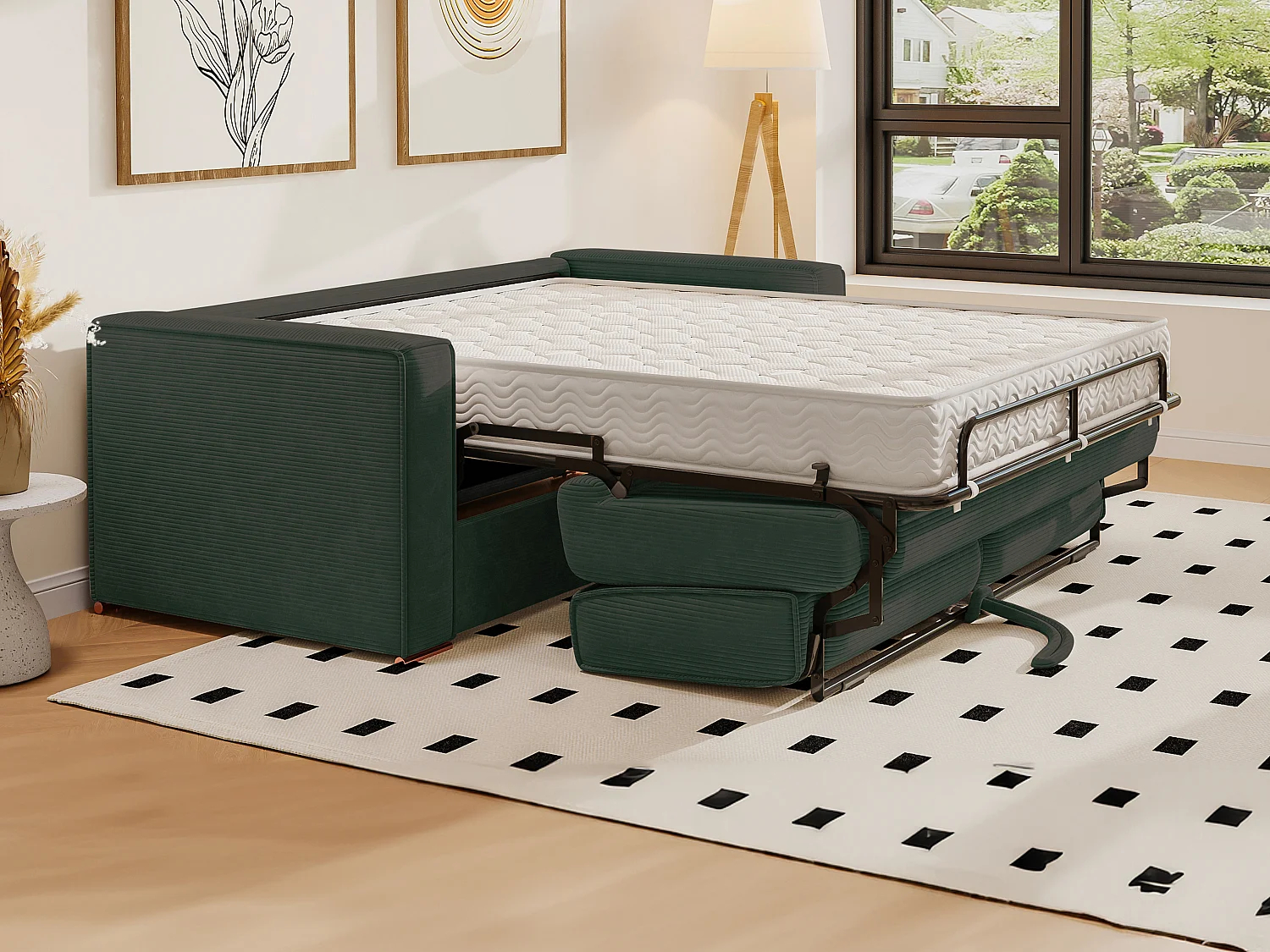 Sofá cama de 4 plazas de pana verde abeto - Somier de láminas amplias de 160 cm - Colchón con memoria de forma de 22 cm LORETO