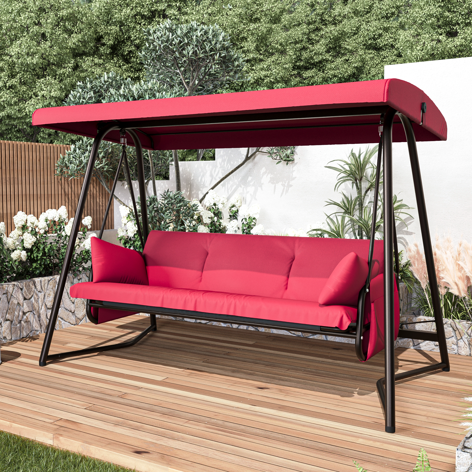 CHINNLUU Oversized 4 Person Porch Swing with Stand 800 LBS Capacity Adjustable Canopy Backrest Includes Cushions Pillows Patio 2 in 1 Swing Bed for Backyard Garden Poolside, Champagne - Image 19