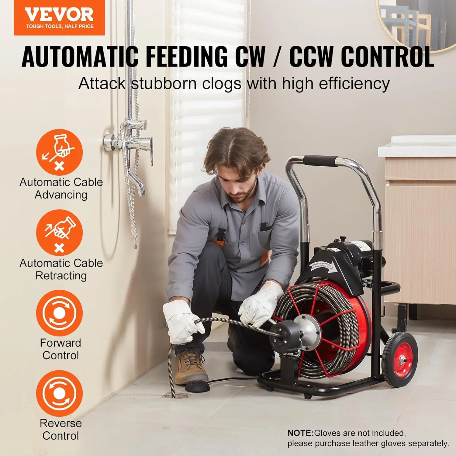 Drain Cleaner Machine 100FT x 1/2 Inch, Auto Feed Sewer Snake Auger on Wheels, 550W Portable Drain Cleaning Machine with 8 Cutters & Air-activated Foot for 2" to 4" Pipes