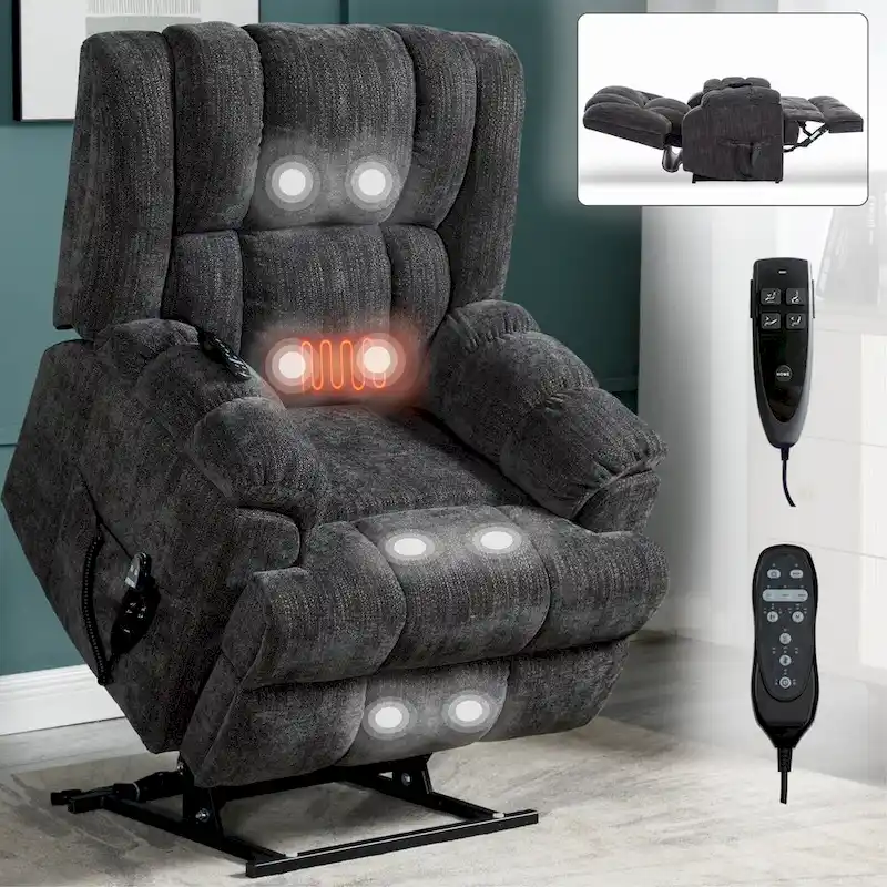 Grey Oversized Chenille Power Lift Recliner with Massage, Heating, and Flat Lay Feature