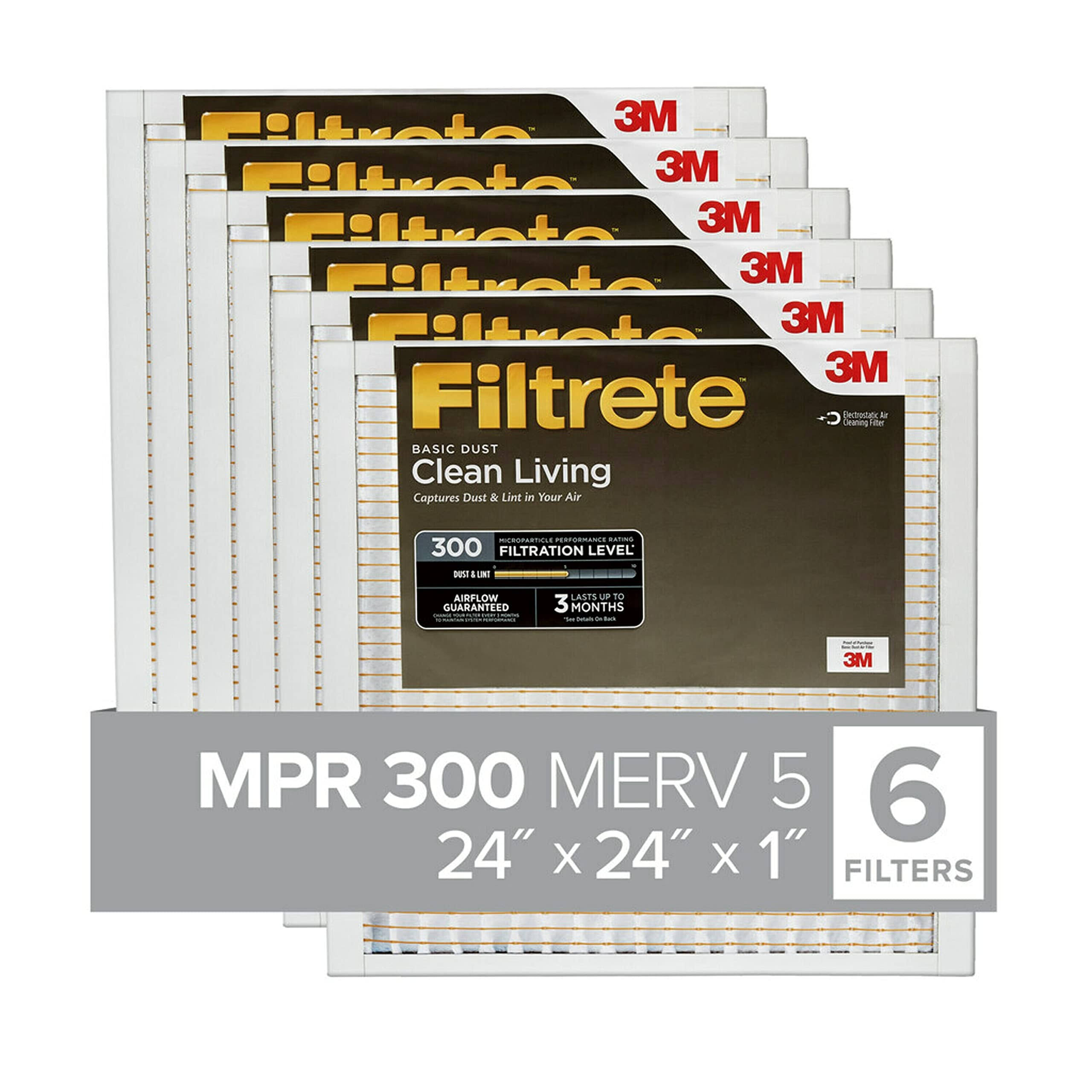Filtrete MPR 300 24x24x1 AC Furnace Air Filter Clean Living Basic Dust 6-Pack(24x24x1)