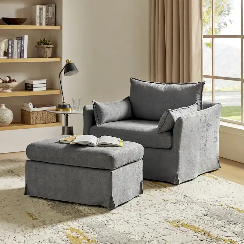 Sophie Contemporary Oversized Slipcovered Armchair and Ottoman with Lockable Rear Wheels
