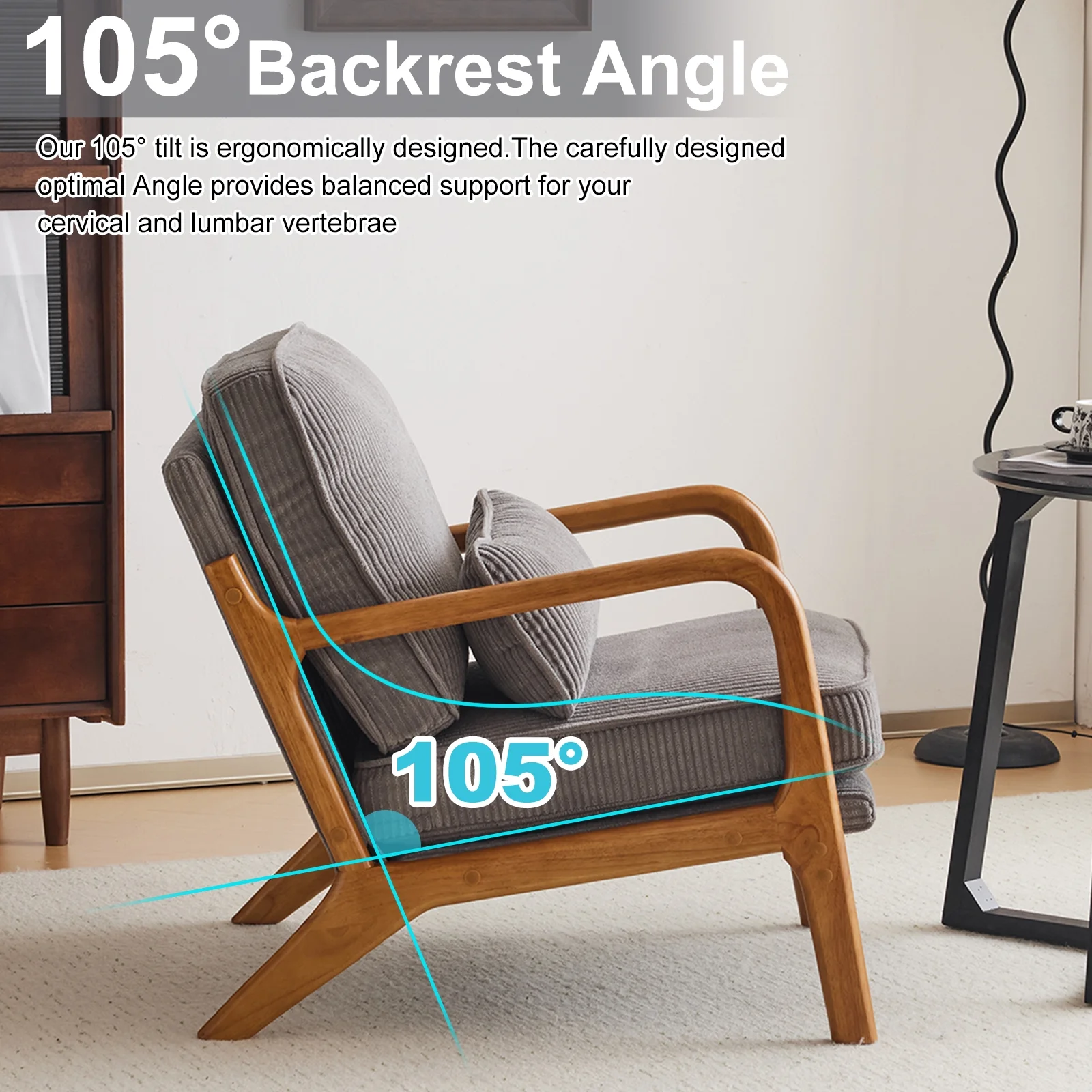 Ktaxon Accent Chair Corduroy Upholstered Armchair, Reading Club Chair with Pillow and Solid Wood Frame for Living Room Bedroom Furniture Off White - Image 69