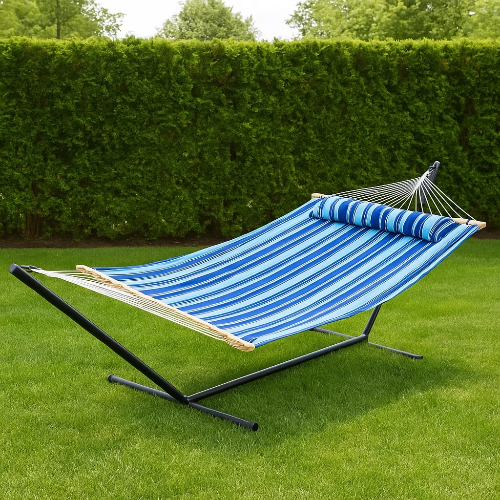 Hamaca de jardín,rayas azules,poliéster con estructura metálica,para exteriores,355x140x121 cm
