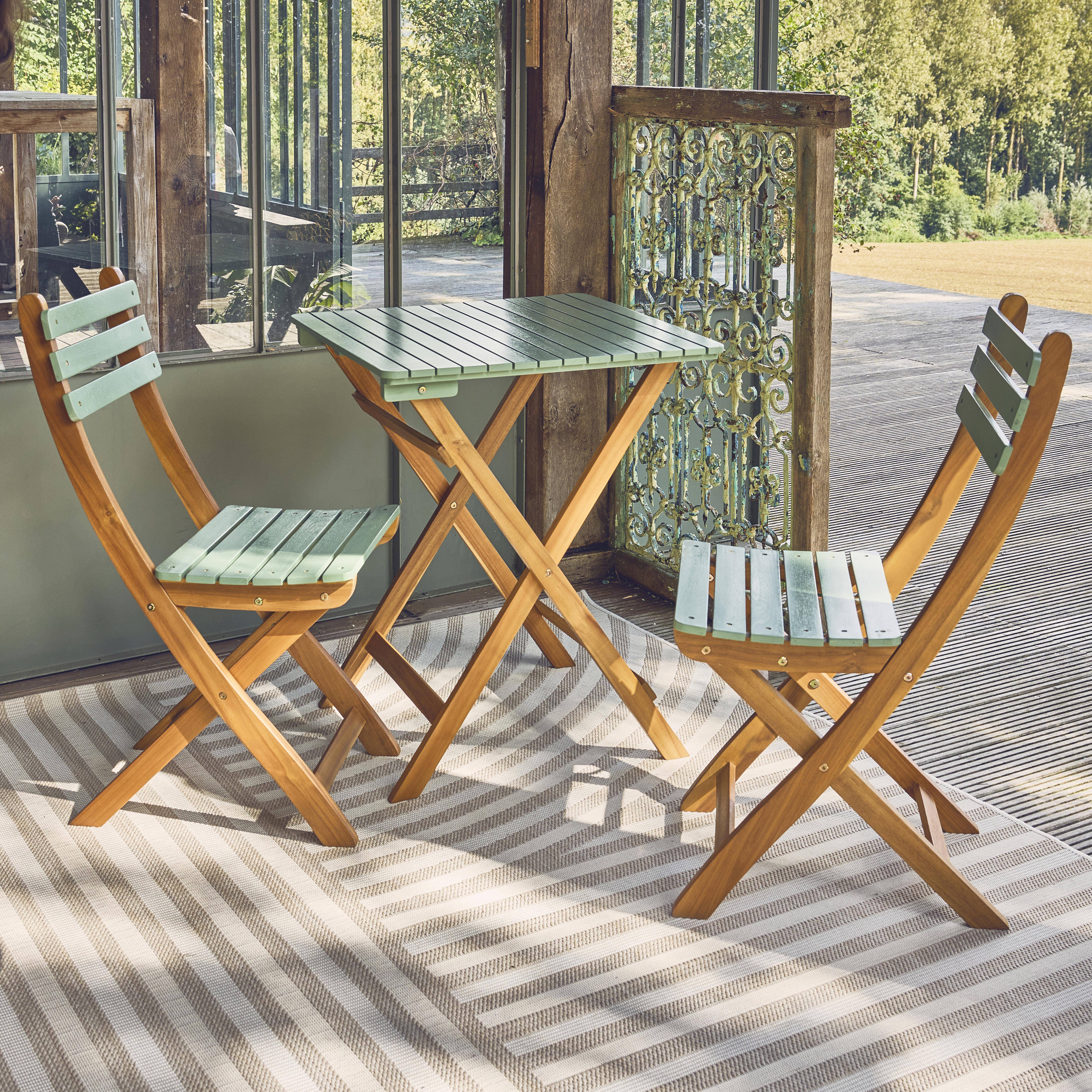 Hilora - Mesa de jardín de madera de acacia con 2 sillas plegables