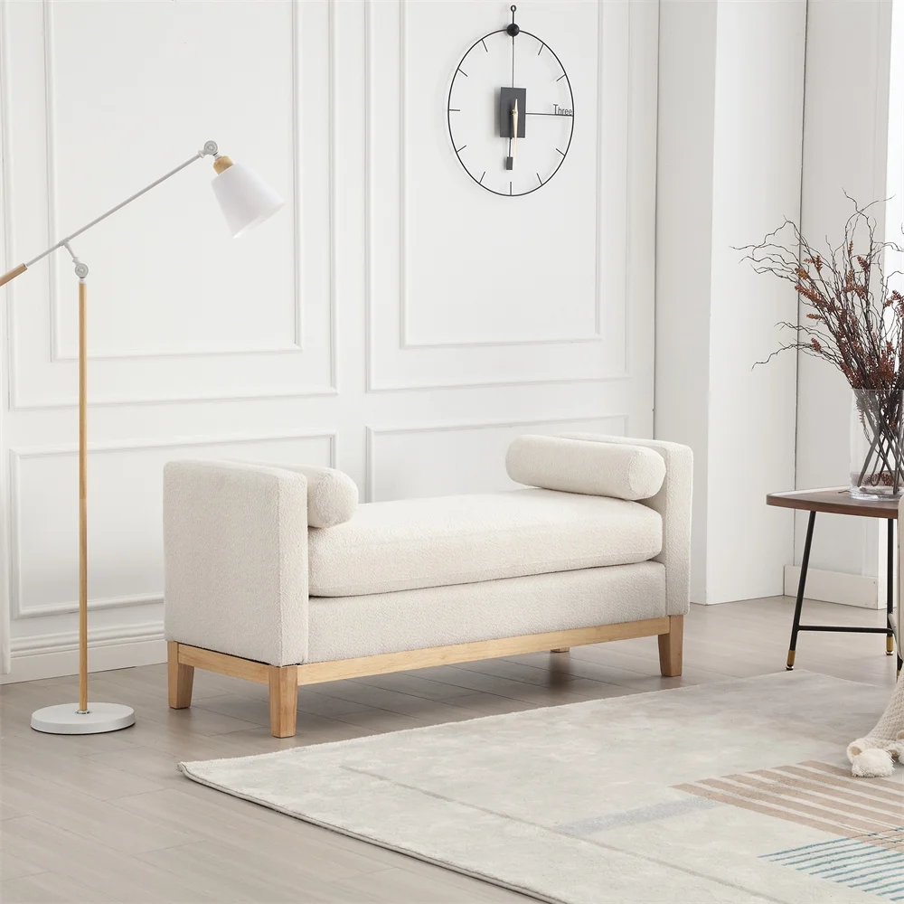 53.5"W Elegant Upholstered Bench with Wood Legs & Round Pillows,Comfy Boucle Fabric Footrest with Arms, Entryway Bench for End of Bed, Bedroom and Living Room, Ivory - Image 4