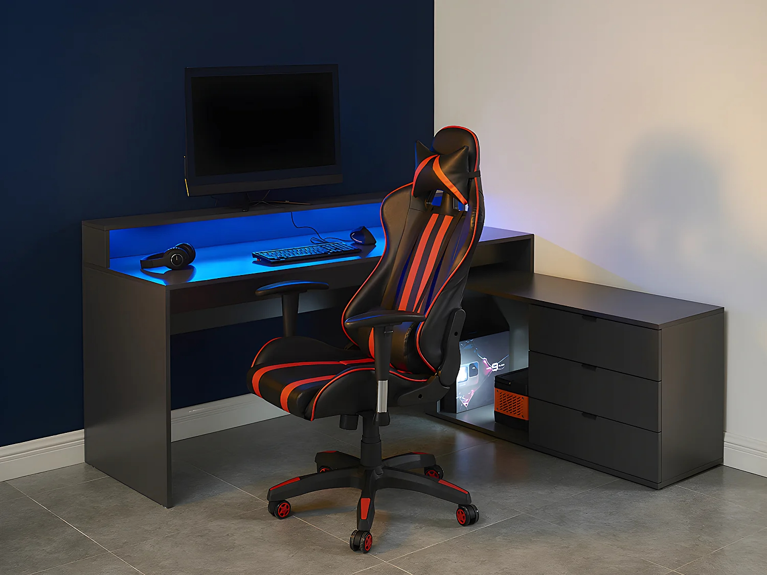 Escritorio rinconera gamer NEHA - Con compartimentos y LEDs - MDF - Gris