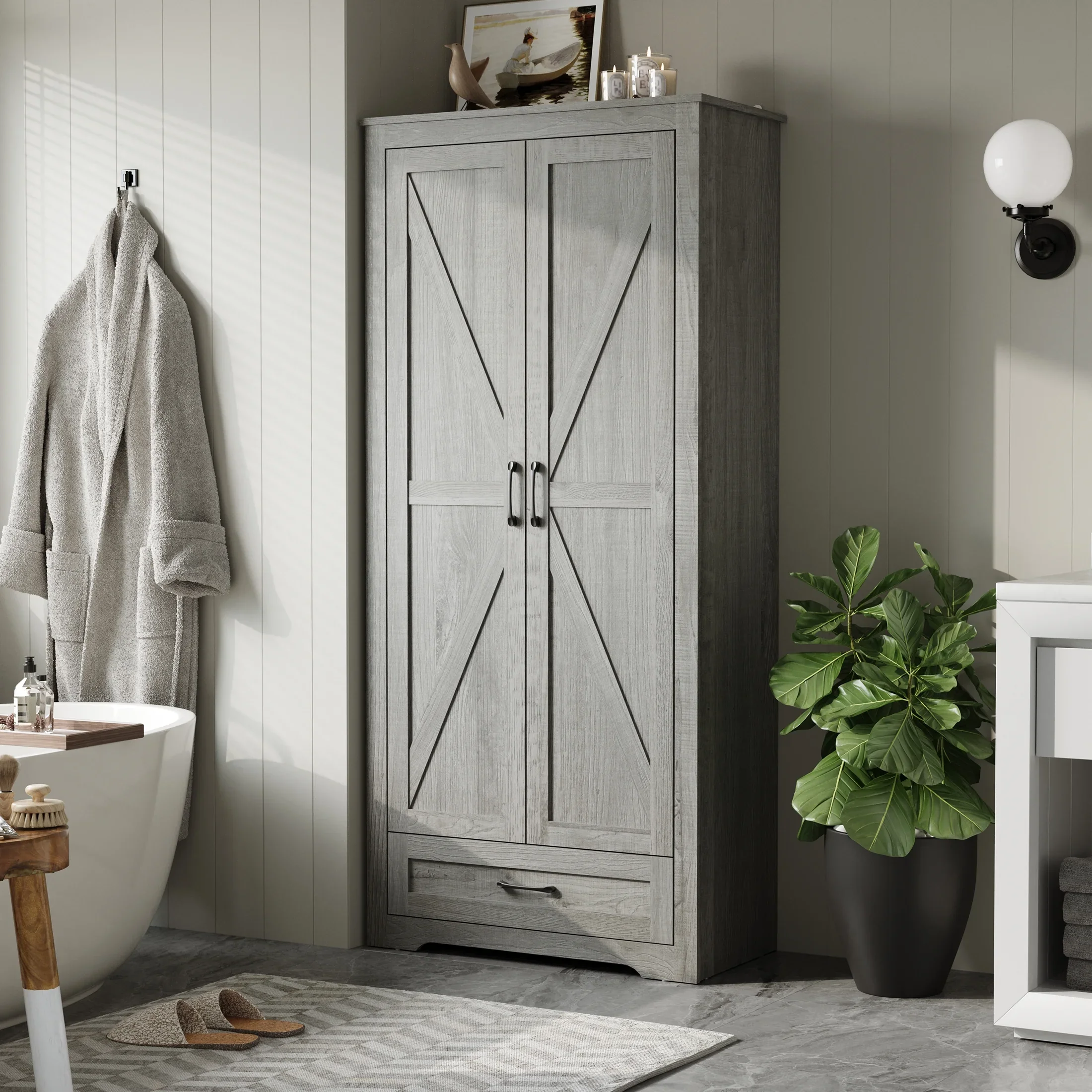 YouTrend 69" Tall Kitchen Pantry,Farmhouse Storage Cabinet with 2 Barn Doors 4 Adjustable Shelves and Large Drawer for Dining Room,Living Room,Bathroom,White