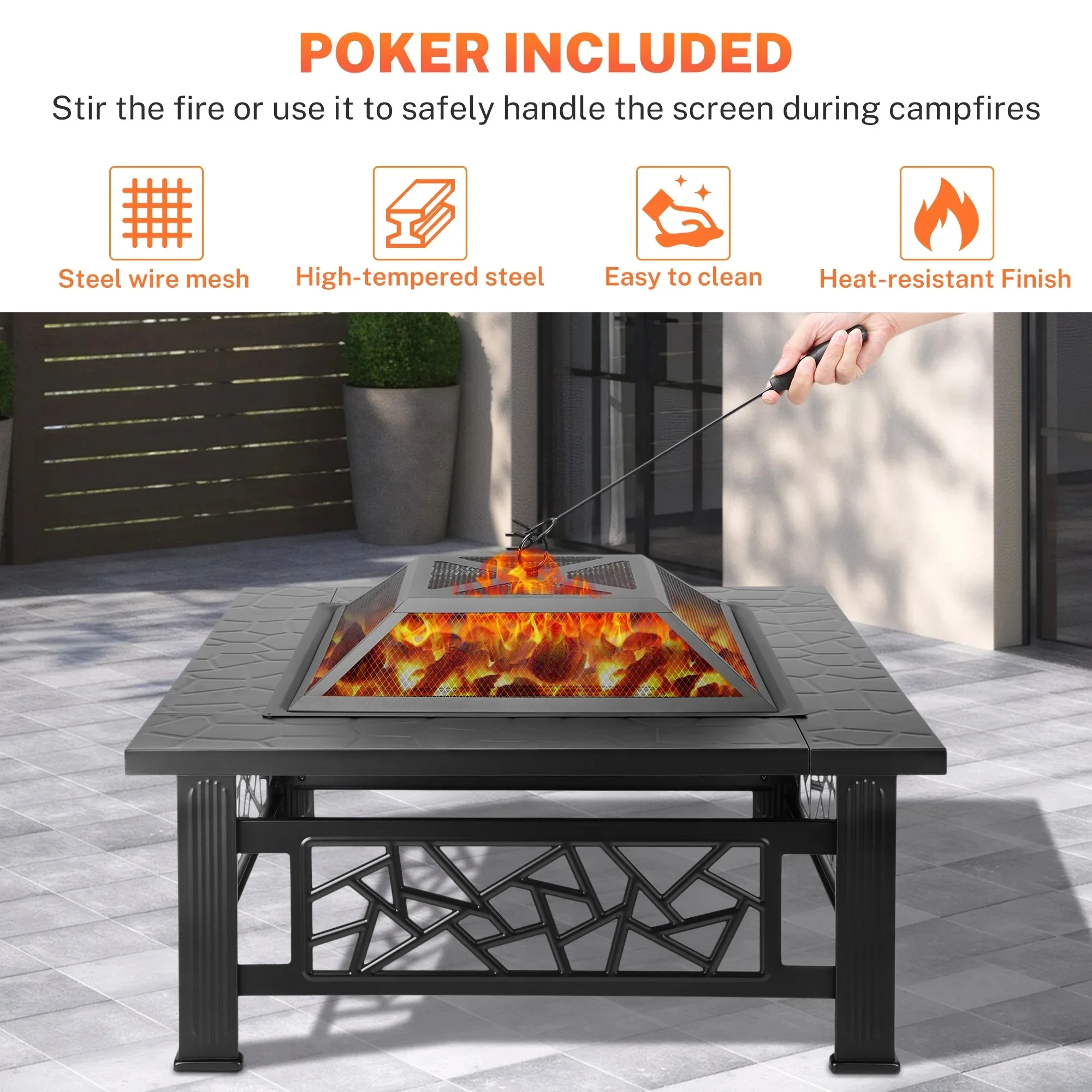 32" Fire Pits for Outside, SYNGAR Wood Burning Bonfire Fire Pit Table with Mesh Lid, Grate, BBQ Grill and Poker, Outdoor Metal Square Fire Pit for BBQ, Camping, Picnics, Backyard - Image 8