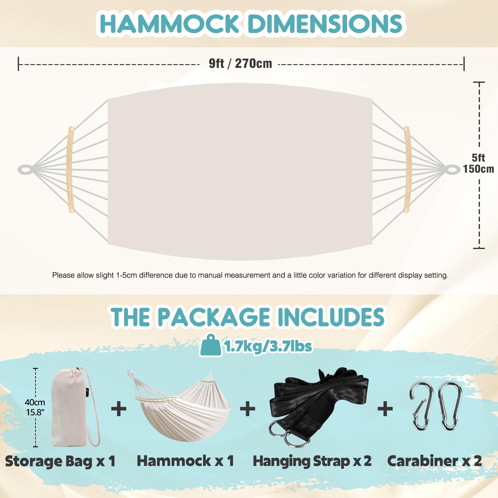 Double Size Quick Setup Camping Hammock, 2-Person Portable Outdoor Hammock with Comfortable Fabric, Great for Garden & Camping