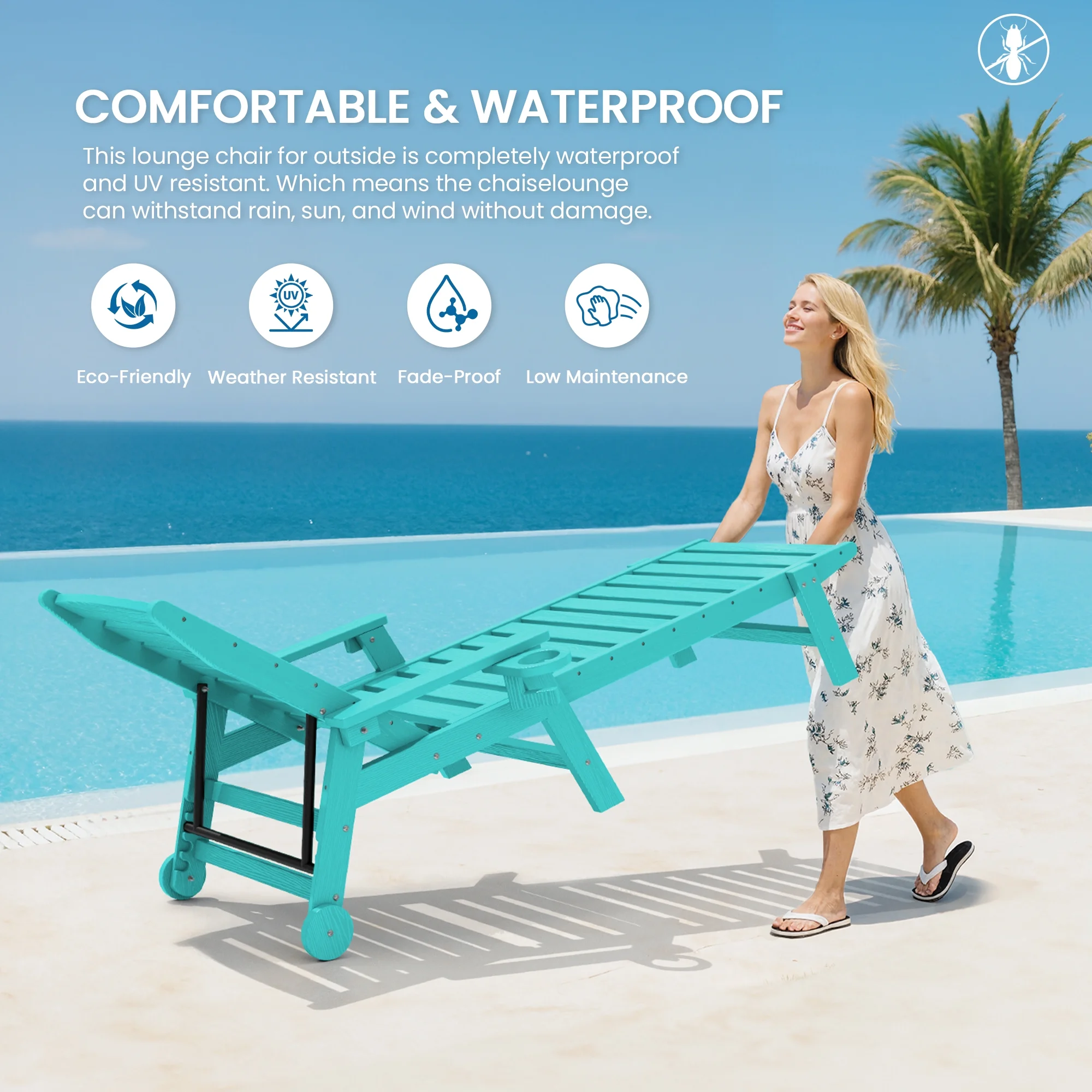 SERWALL Patio Chaise Lounge Chair, 78'' HDPE Outdoor Lounge Chair 5 Positions Pool Lounger Navy Blue - Image 18