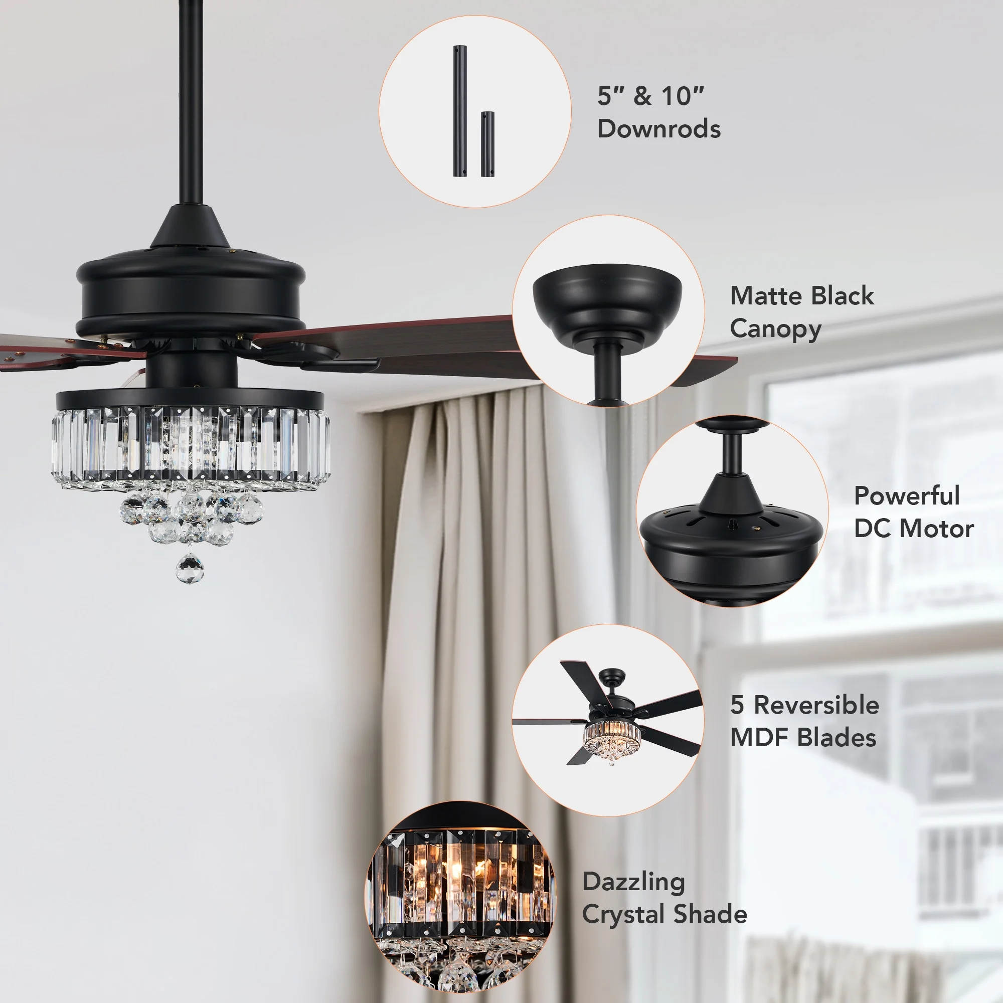 Bestco 52" Chandelier Crystal Ceiling Fan with Light 6 Speeds 5 Dual Sided Blades Chrome - Image 20