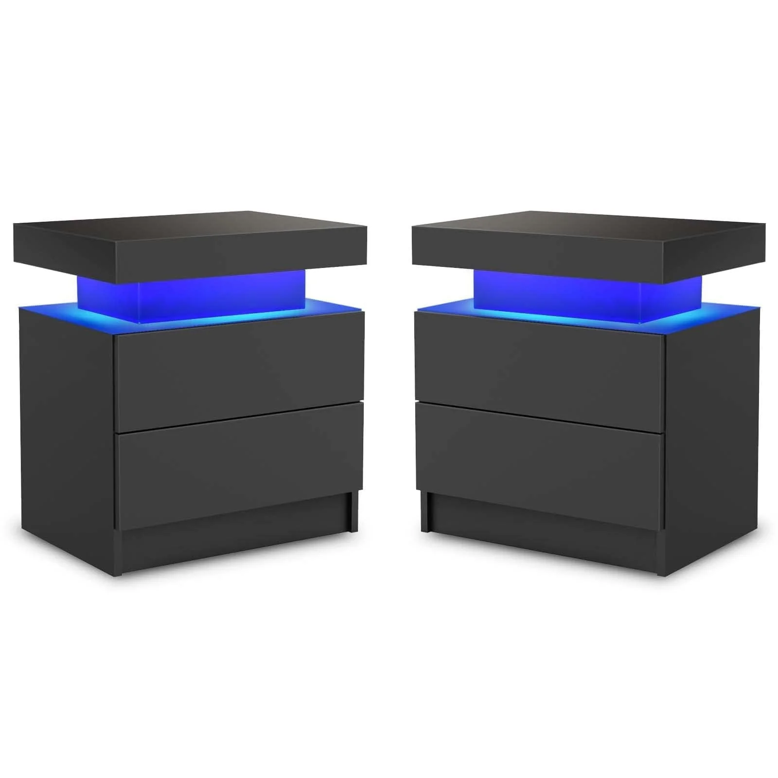 LED Nightstand Set of 2, Modern Bedside Table with 2 Drawers Storage Space, Adjustable Colors LED Light, Black(Black)