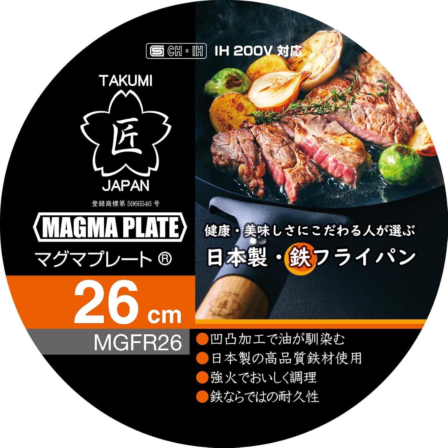 Takumi MGFR26 Frying Pan, Made in Japan, 10.2 inches (26 cm), Induction Compatible, Magma Plate, Iron