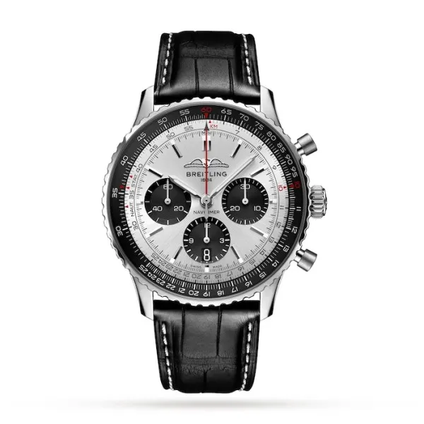 Breitling Navitimer Men Automatic Silver Alligator Watch AB0138241G1P1