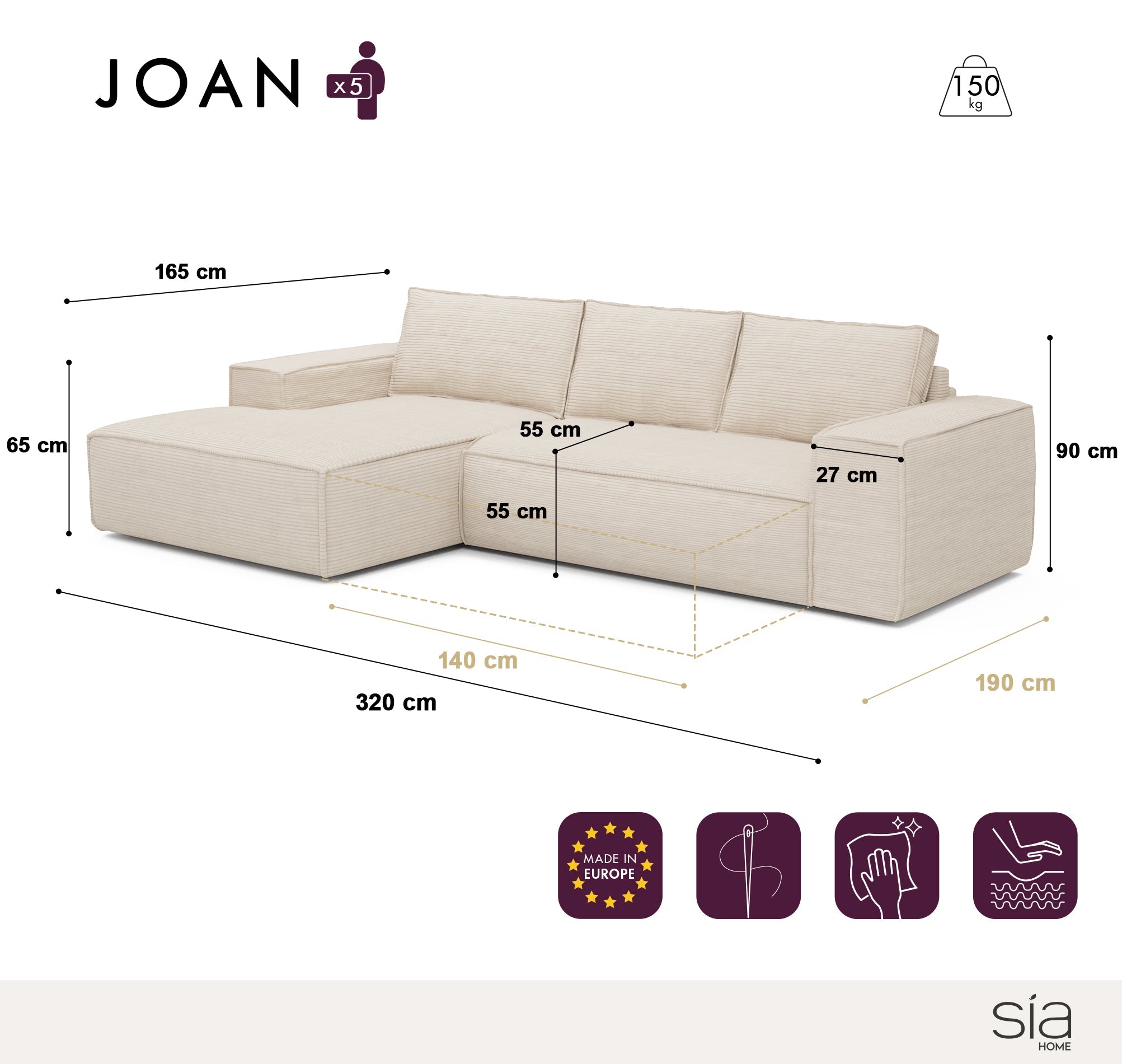 Hoekbanken links JOAN 5 personen Fluweel Beige