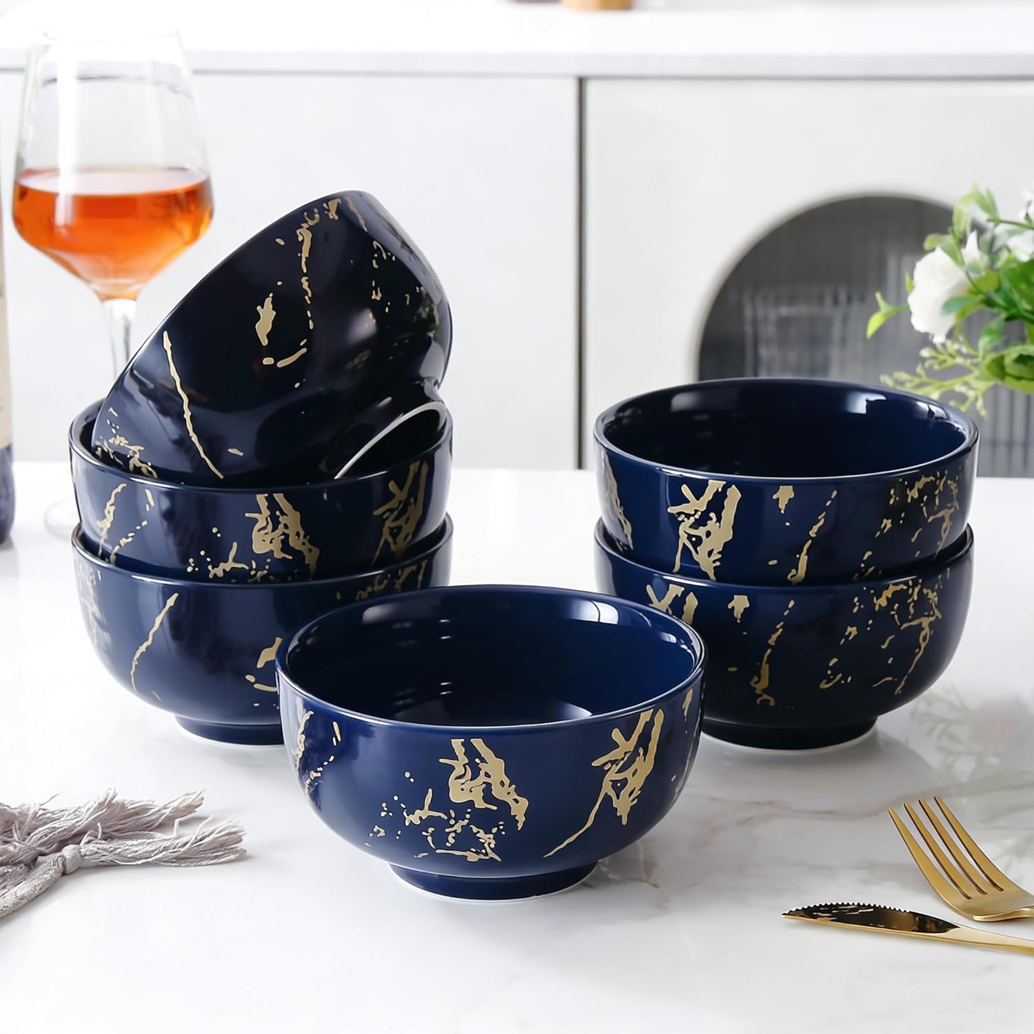 6-Piece Blue and Gold Marble Ceramic Bowls, 20 oz – Bohemian Soup & Cereal Bowl Set, Dishwasher & Microwave Safe, for Ramen, Pasta, Salad, Dessert