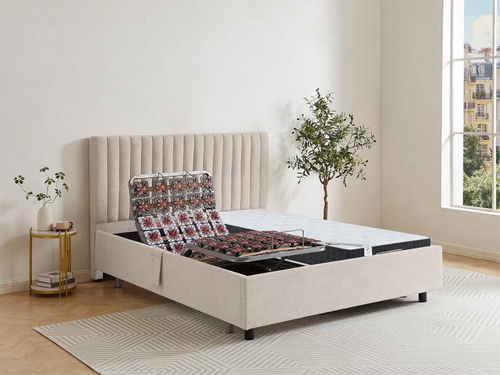 Cama articulada multiterminales + colchón de muelles ensacados y memoria de forma - 2 x 80 x 200 cm - Tela - Beige - ANTALISA de hogvips