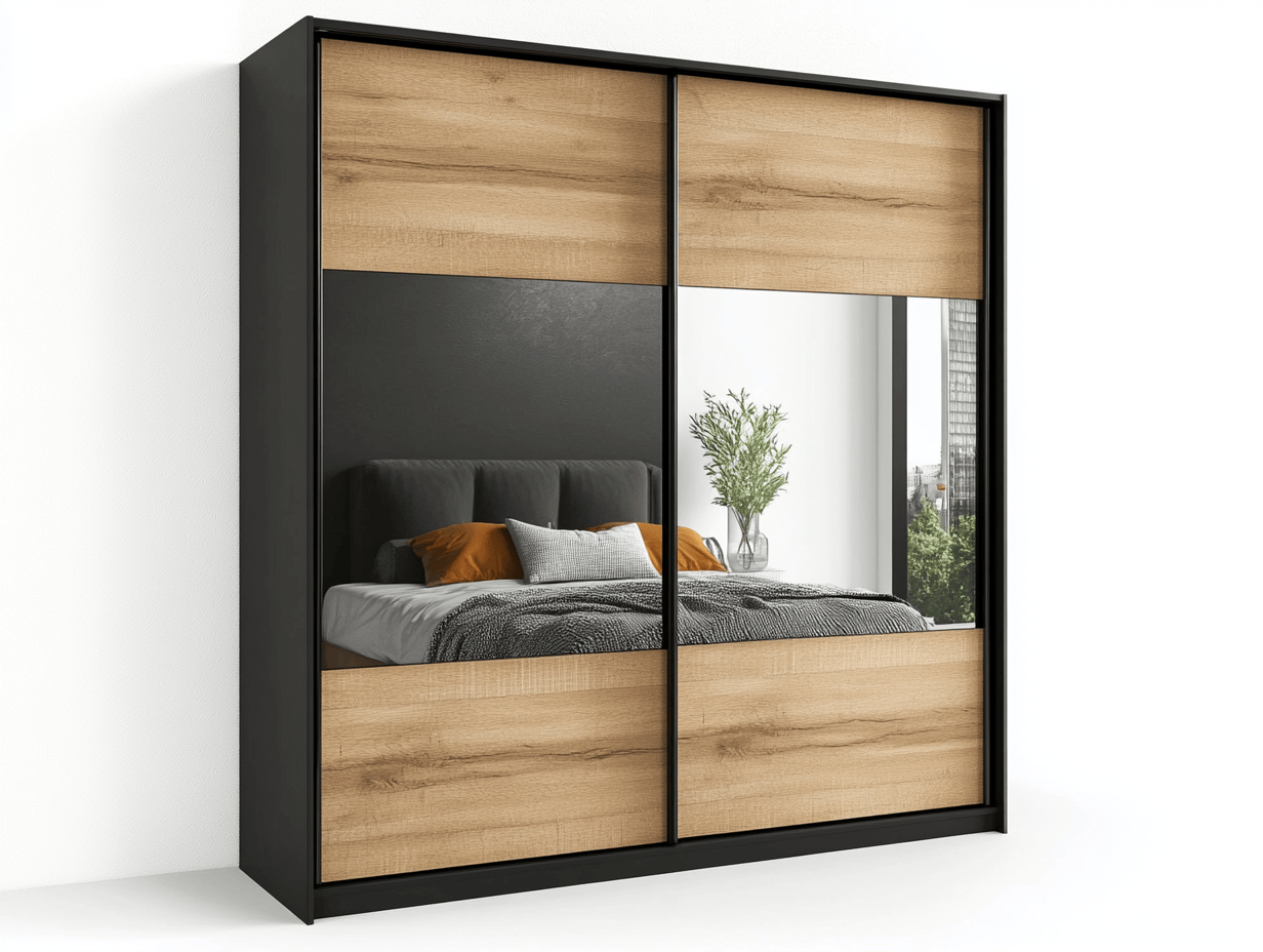 Armario con puertas correderas y espejo estilo roble claro y negro mate, 180x210x62cm