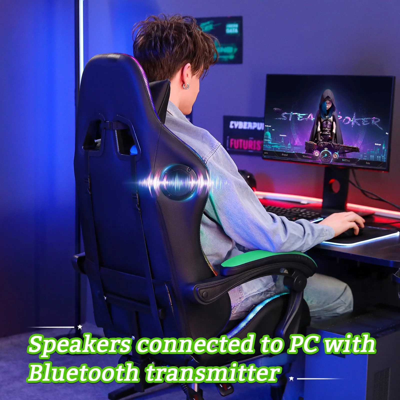 Hoffree Gaming Chair with Speakers PU Leather Office Chair with Footrest and LED Lights Ergonomic Gamer Chair with Massage Lumbar Support and Headrest Adjustable Swivel for Home Office 300lb - Image 42