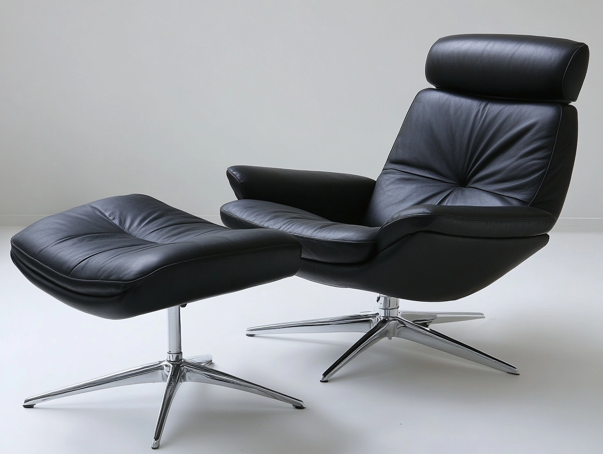 Sillón reclinable de cuero negro ecológico con otomano, ideal para salón o oficina moderna