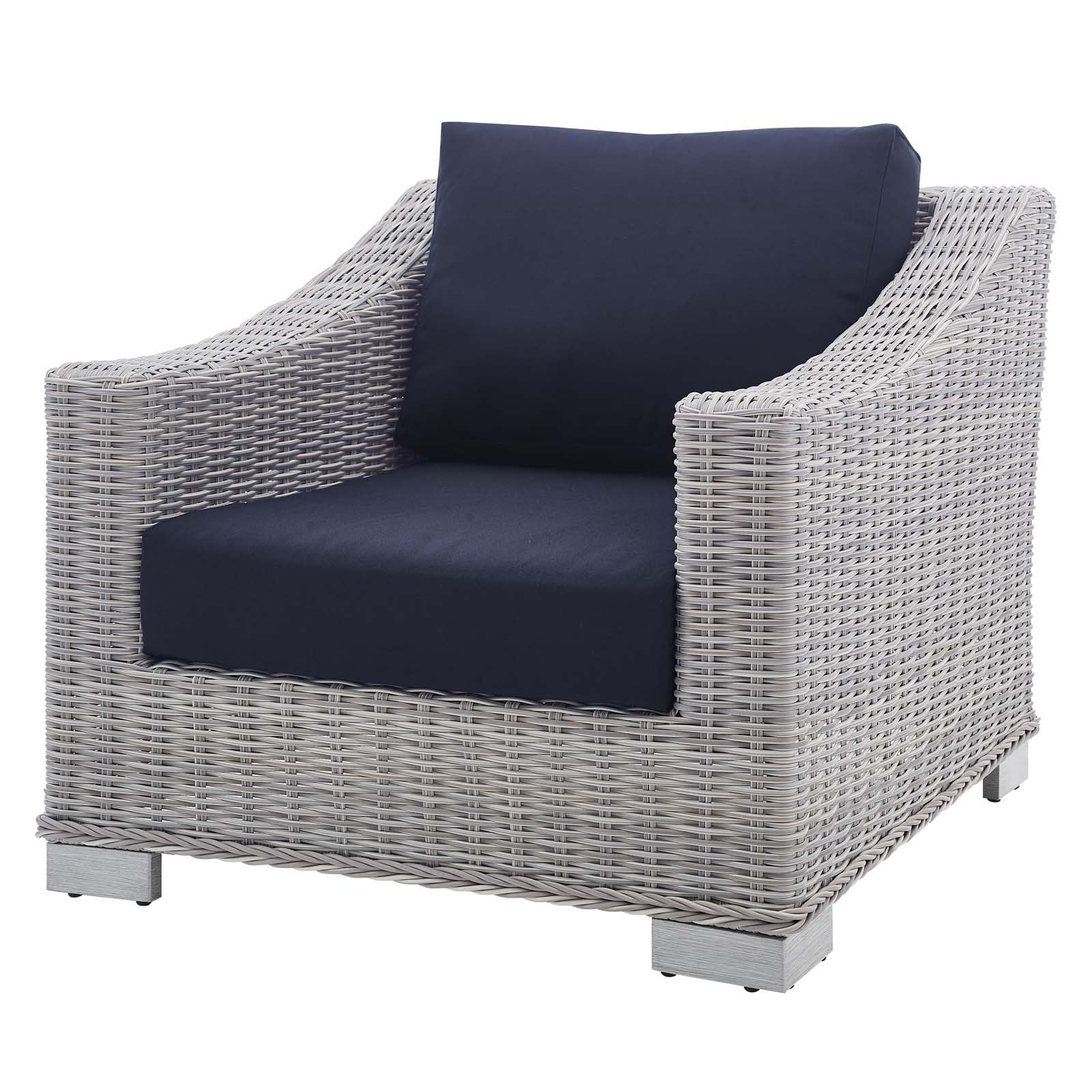 Lounge Sectional Sofa Chair Table Set, Rattan, Wicker, Light Grey Gray Blue Navy, Modern Contemporary Urban Design, Outdoor Patio Balcony Cafe Bistro Garden Furniture Hotel Hospitality - Image 5
