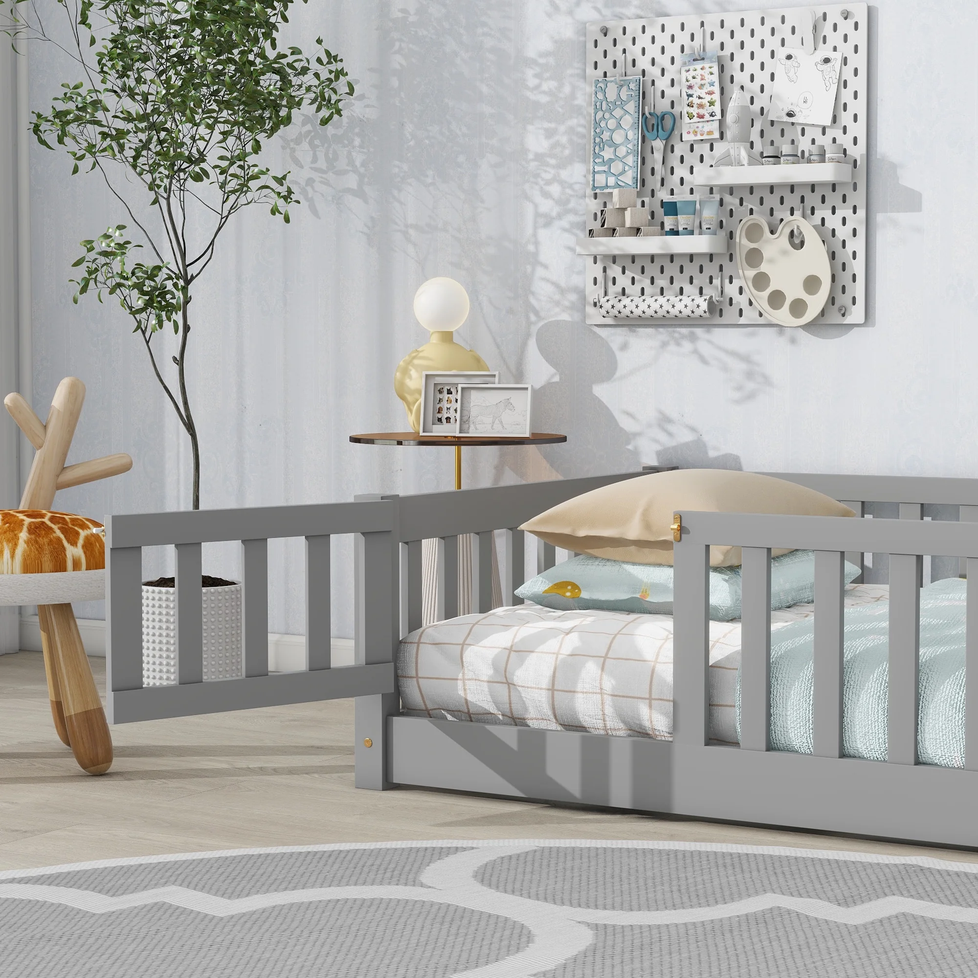 UHOMEPRO Twin Size Floor Bed with Door and Fence, Montessori Floor Bed with Slats and Safety Guardrails, Solid Wood Twin Bed Frame for Bedroom, White - Image 31