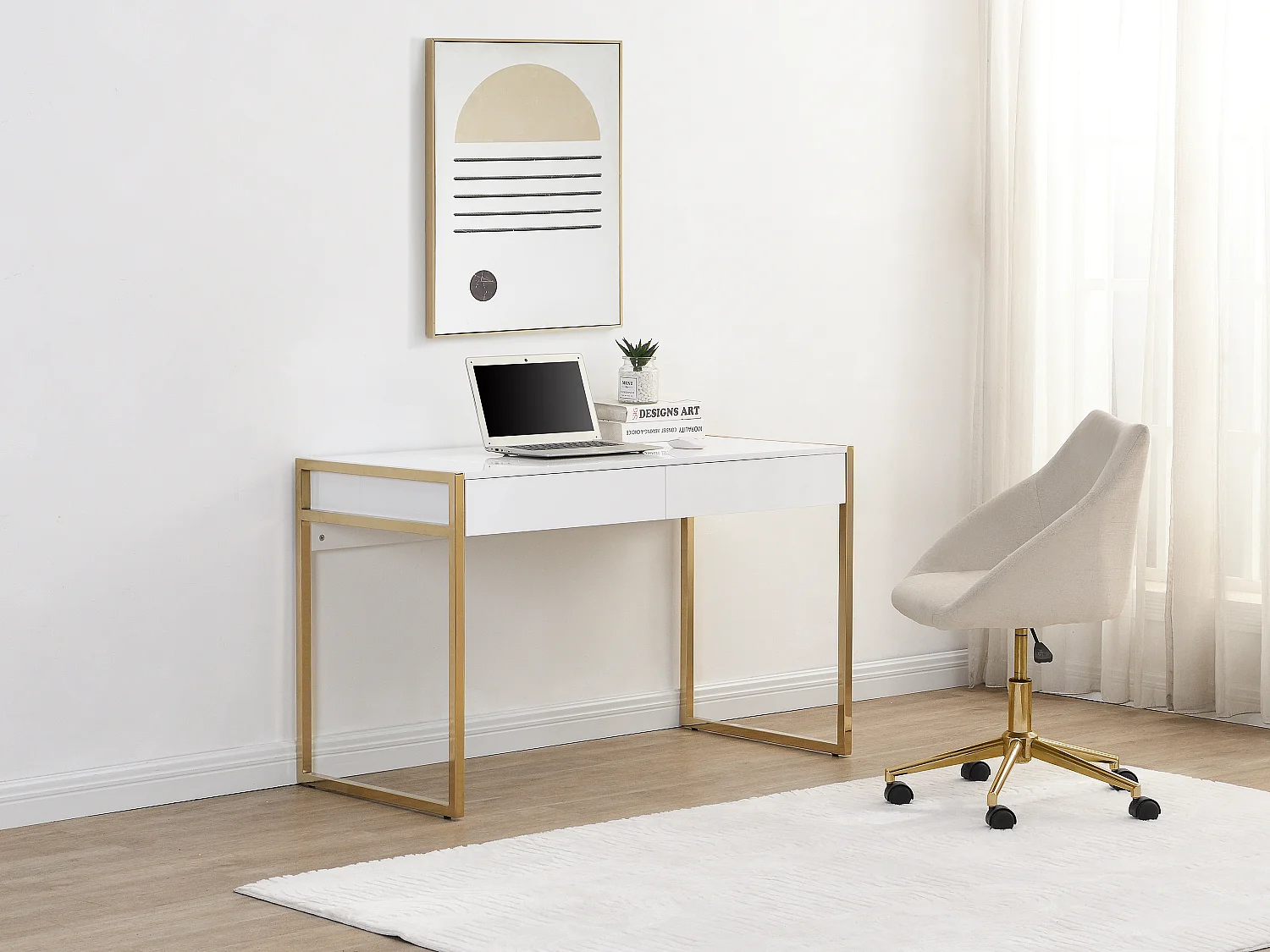 Escritorio con 2 cajones - MDF y metal - Beige y dorado