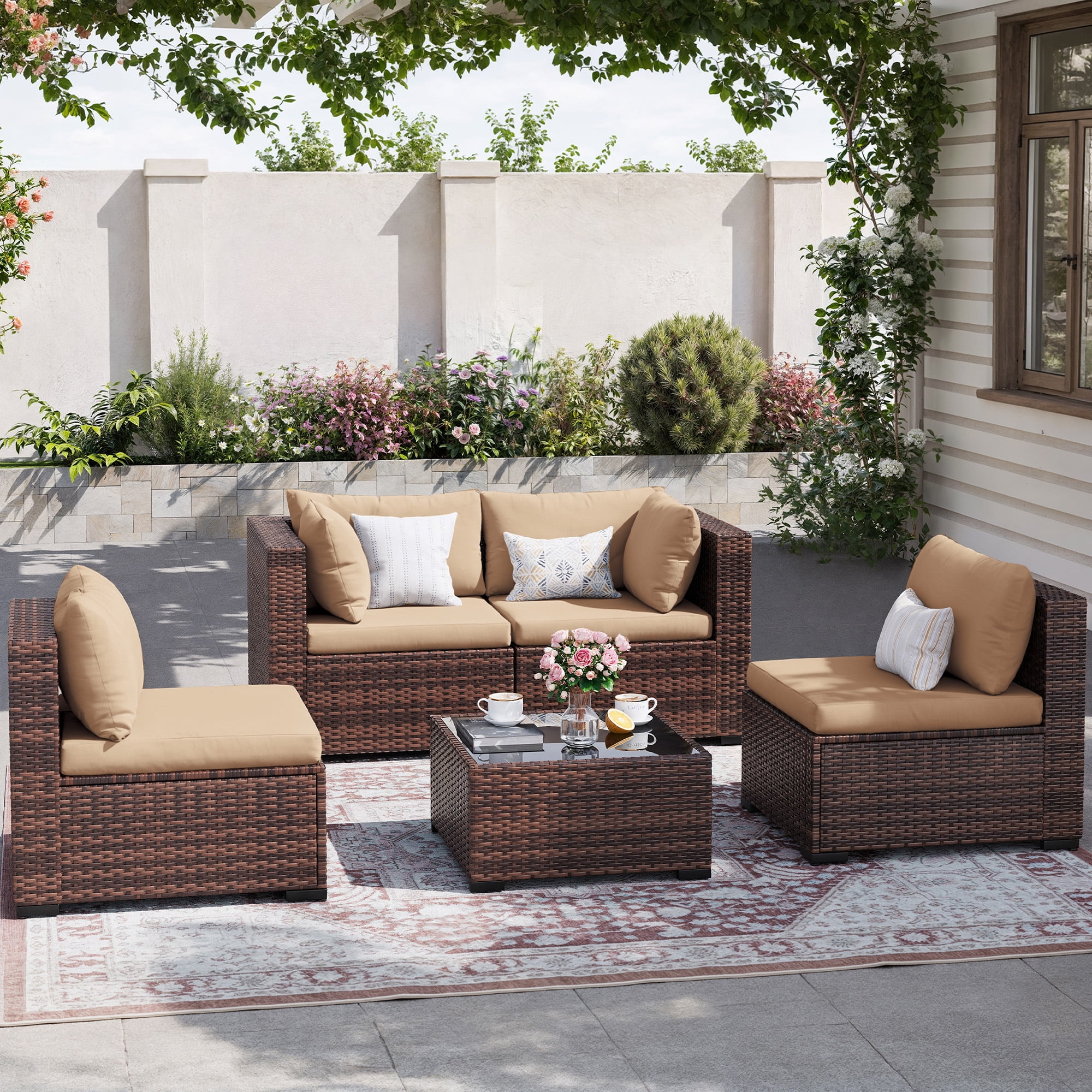 MRUAKA 8 Pieces Patio Furniture Set with Fire Pit Table, Outdoor Furniture Sectional Rattan Sofa with Slanted Back, Patio Couch with Glass Coffee Table for Backyard Garden (Dark Grey) - Image 15