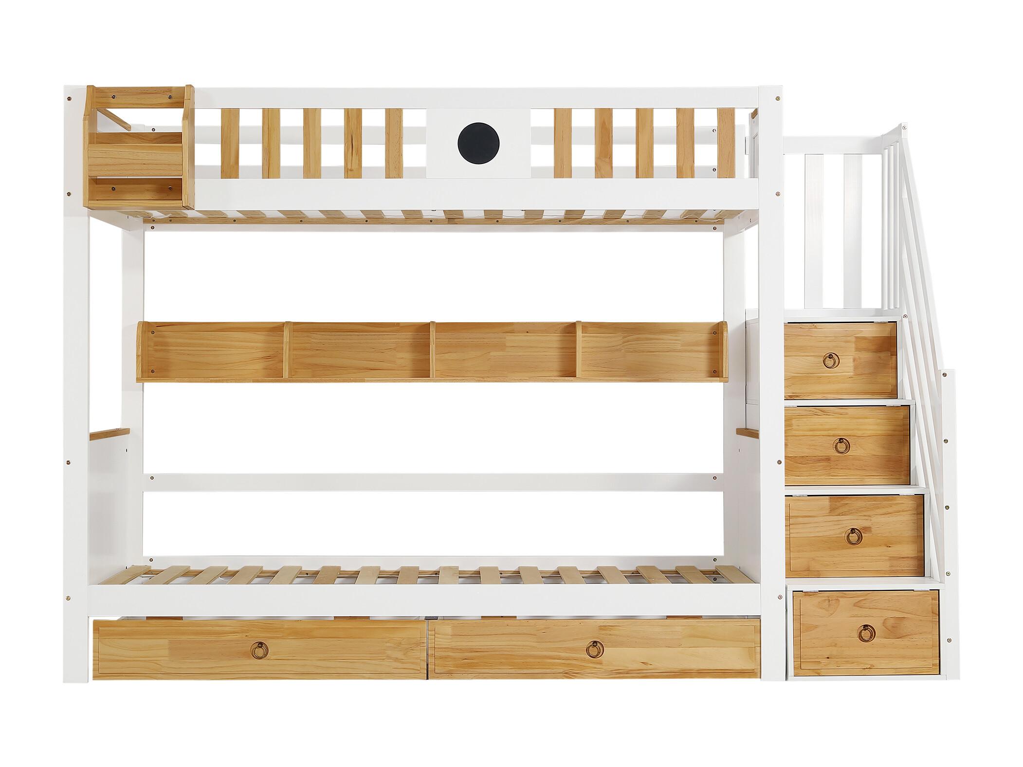 Litera con escalera de almacenamiento - 90x200 cm - 4 taquillas en la escalera y 2 cajones debajo de la cama - con somier - Blanco