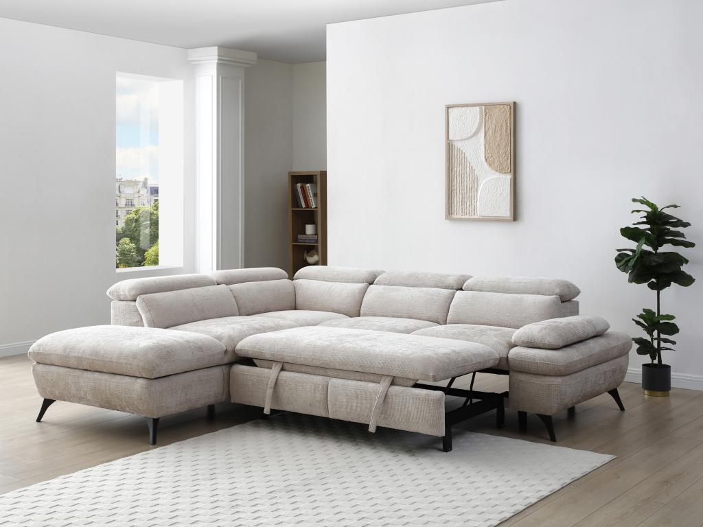 Sofá rinconera izquierda de tela beige texturizado SURDELI