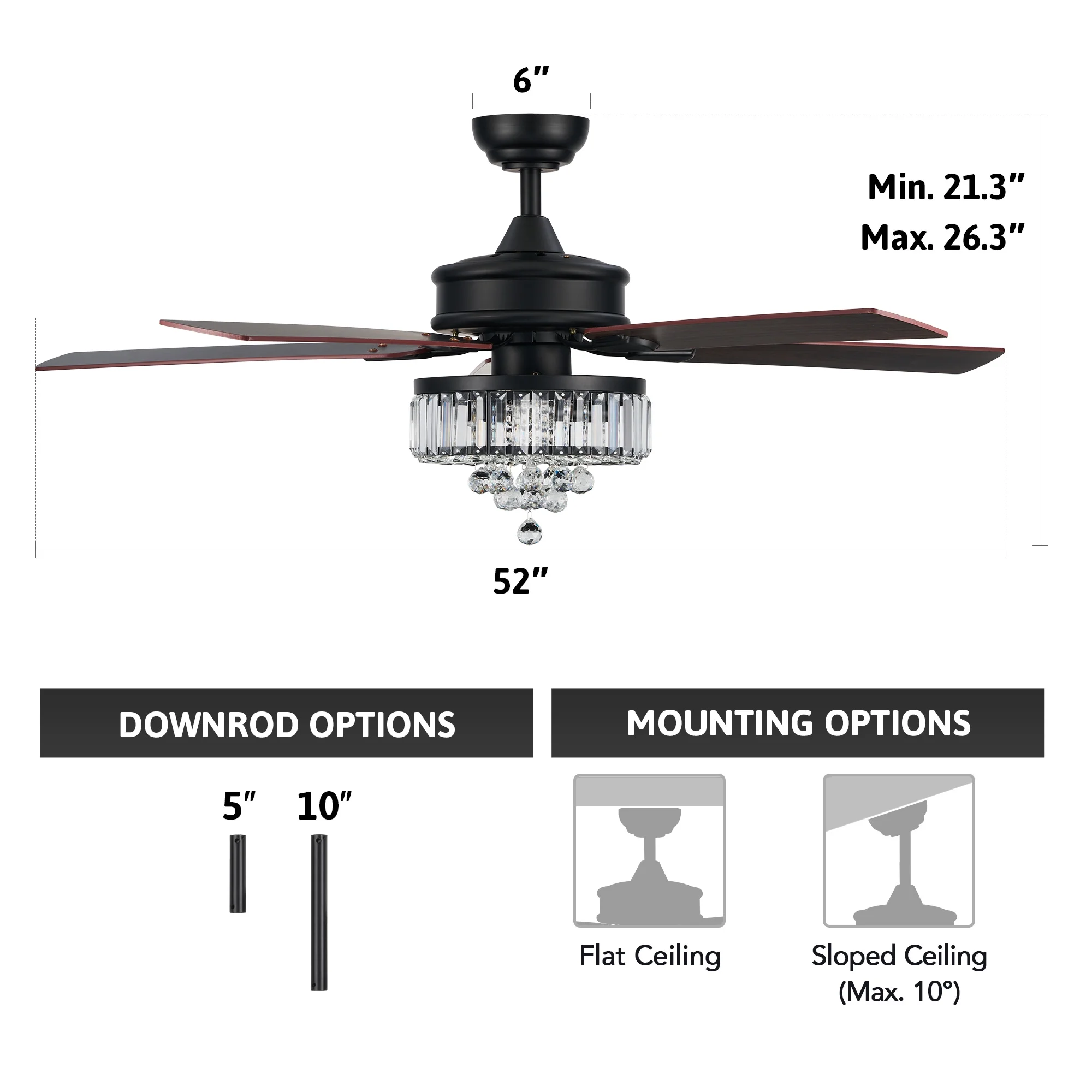 Bestco 52" Chandelier Crystal Ceiling Fan with Light 6 Speeds 5 Dual Sided Blades Chrome - Image 24