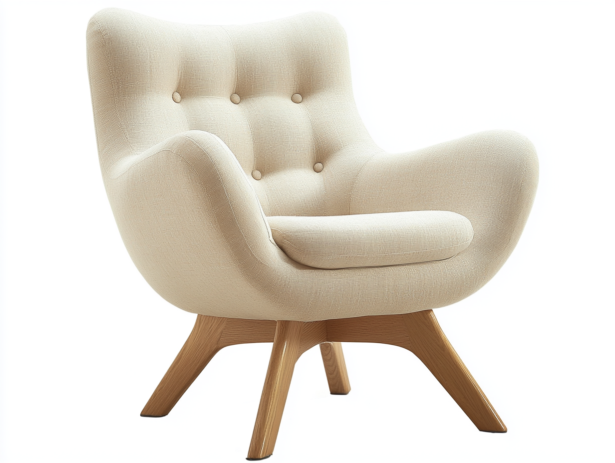 Sillón beige con patas de madera y respaldo capitoné