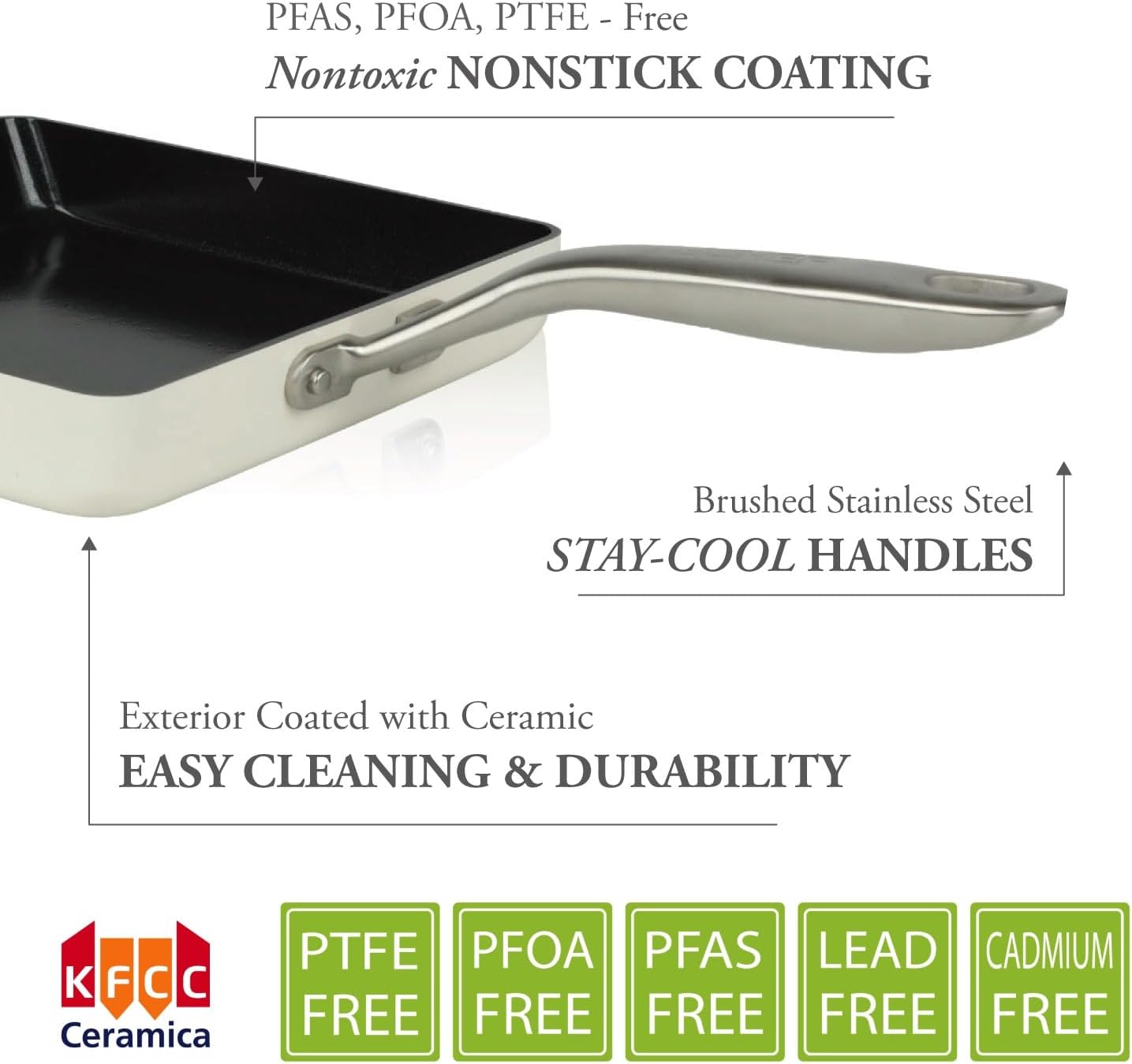TeChef Collection | Ceramic Nonstick Egg Frying Pan, Nontoxic - Nontoxic - Free of PFAS, PFOA, PTFE, Made in Korea (Square Pan)