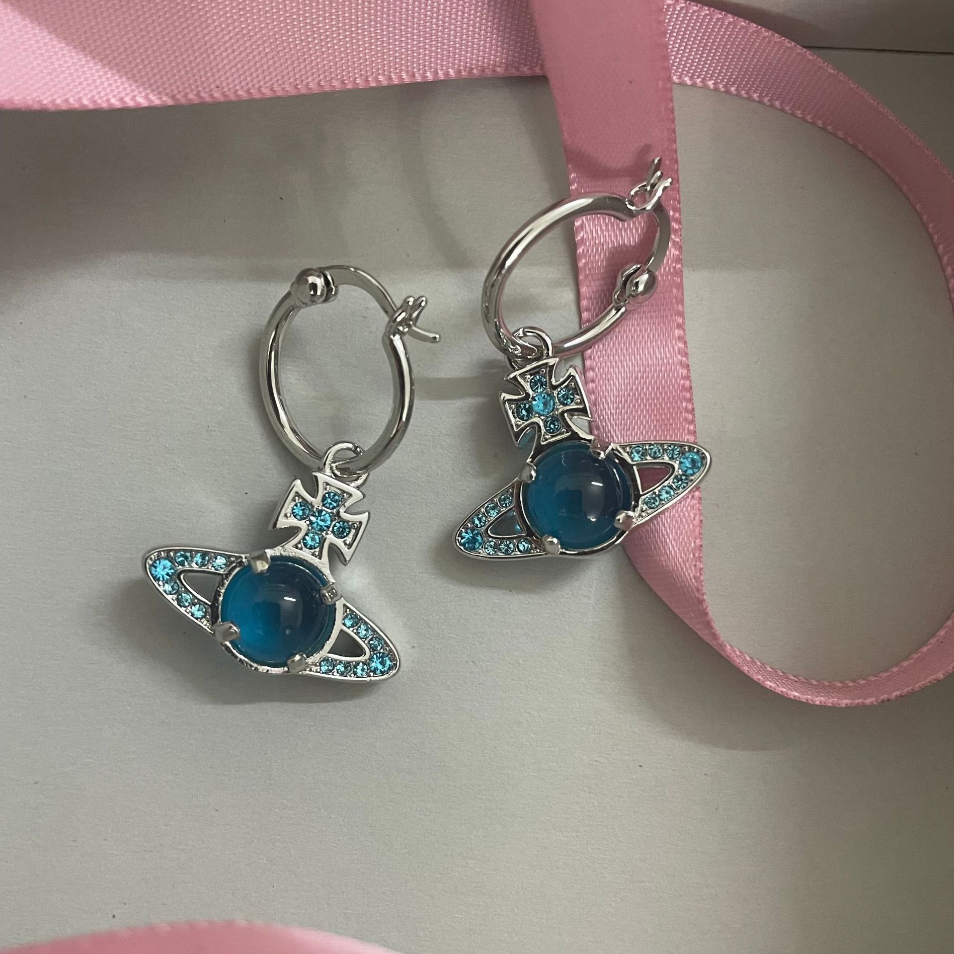Vivienne Westwood Blue Green Lucky Bead Saturn Earrings - Original Replica Club