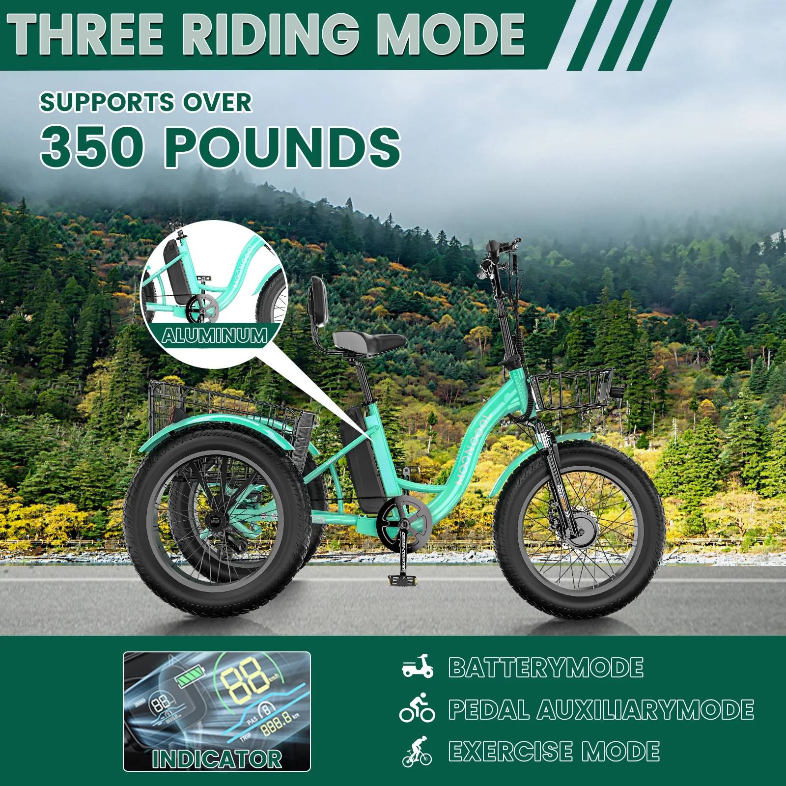 20" x 4" Fat Tire Electric Tricycle for Adult, 7 Speeds Electric Trike 48V 500W Motorized Tricycle , Electric Three Wheels Bicycle for Senior, Aluminum Frame & Rear Basket ,16mph - Image 19