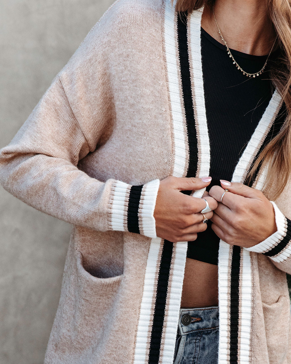 Bennett Pocketed Knit Varsity Cardigan - Taupe - Se7enfashion