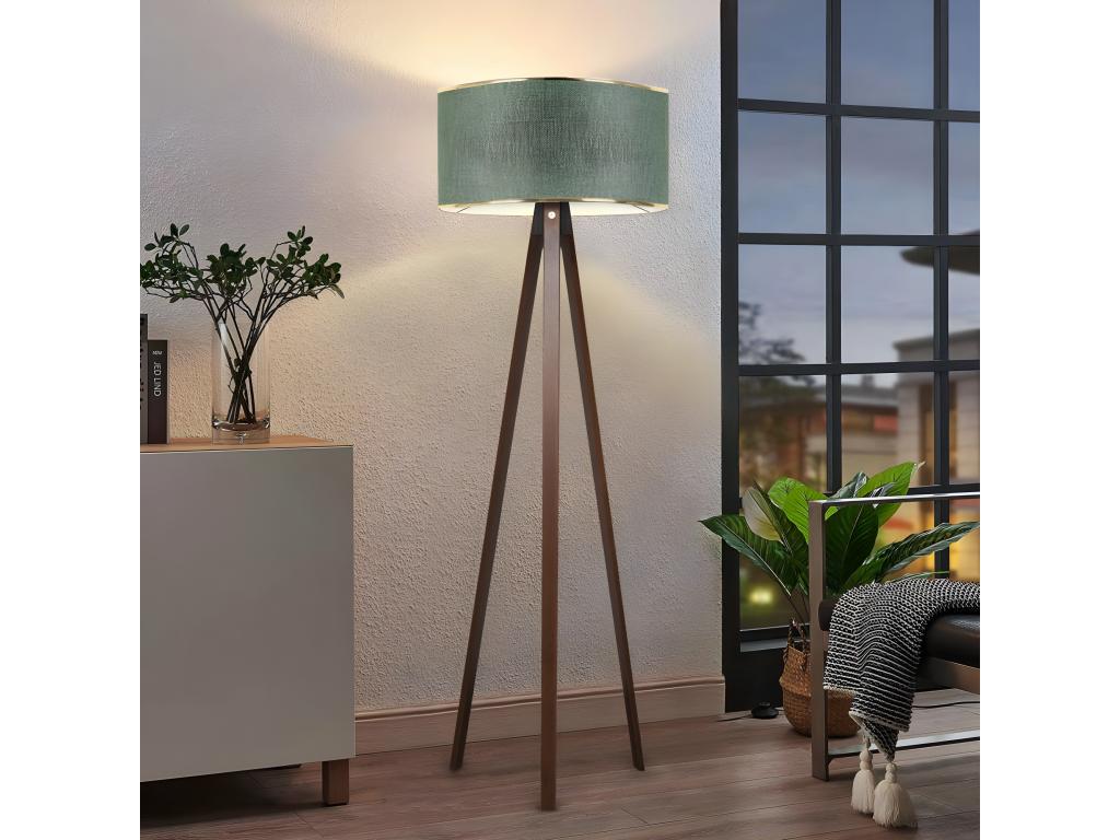 Lámpara con trípode de madera Parnoe y pantalla de tela H140cm 1xE27 - Caqui y Dorado