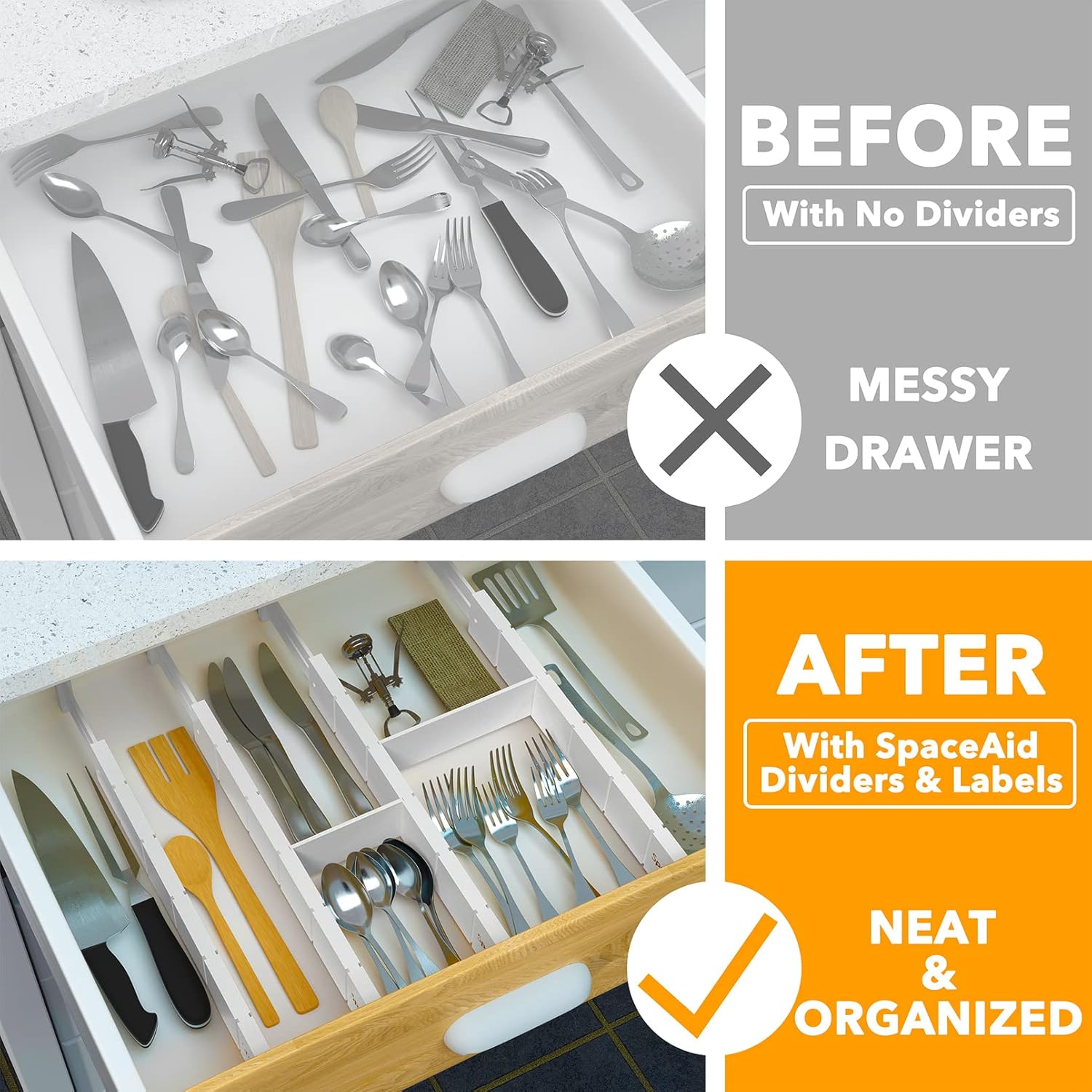 SpaceAid Bamboo Drawer Dividers with Inserts and Labels, Kitchen Adjustable Drawer Organizers, Expandable Organization for Home, Office, Dressers, 4 Dividers with 9 Inserts (17