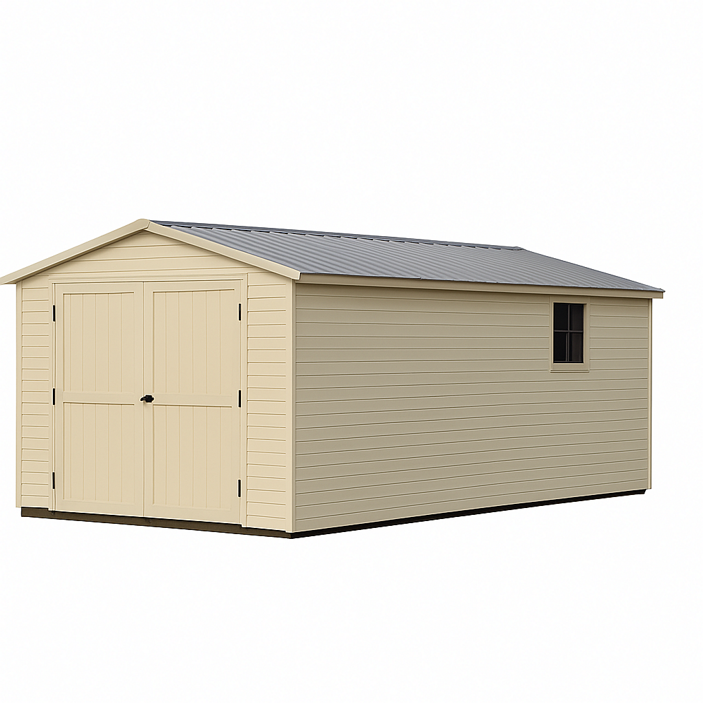 Garaje de madera, almacenamiento exterior con doble puerta, beige