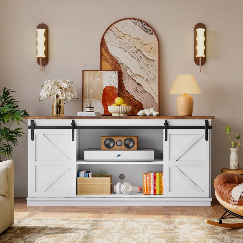 Vineego 70 inch Farmhouse TV Stand for Living Room, Entertainment Center with Sliding Barn Doors & 4 Storage Drawers, Adjustable Shelves Rustic Media Console for Bedroom,White - Image 2